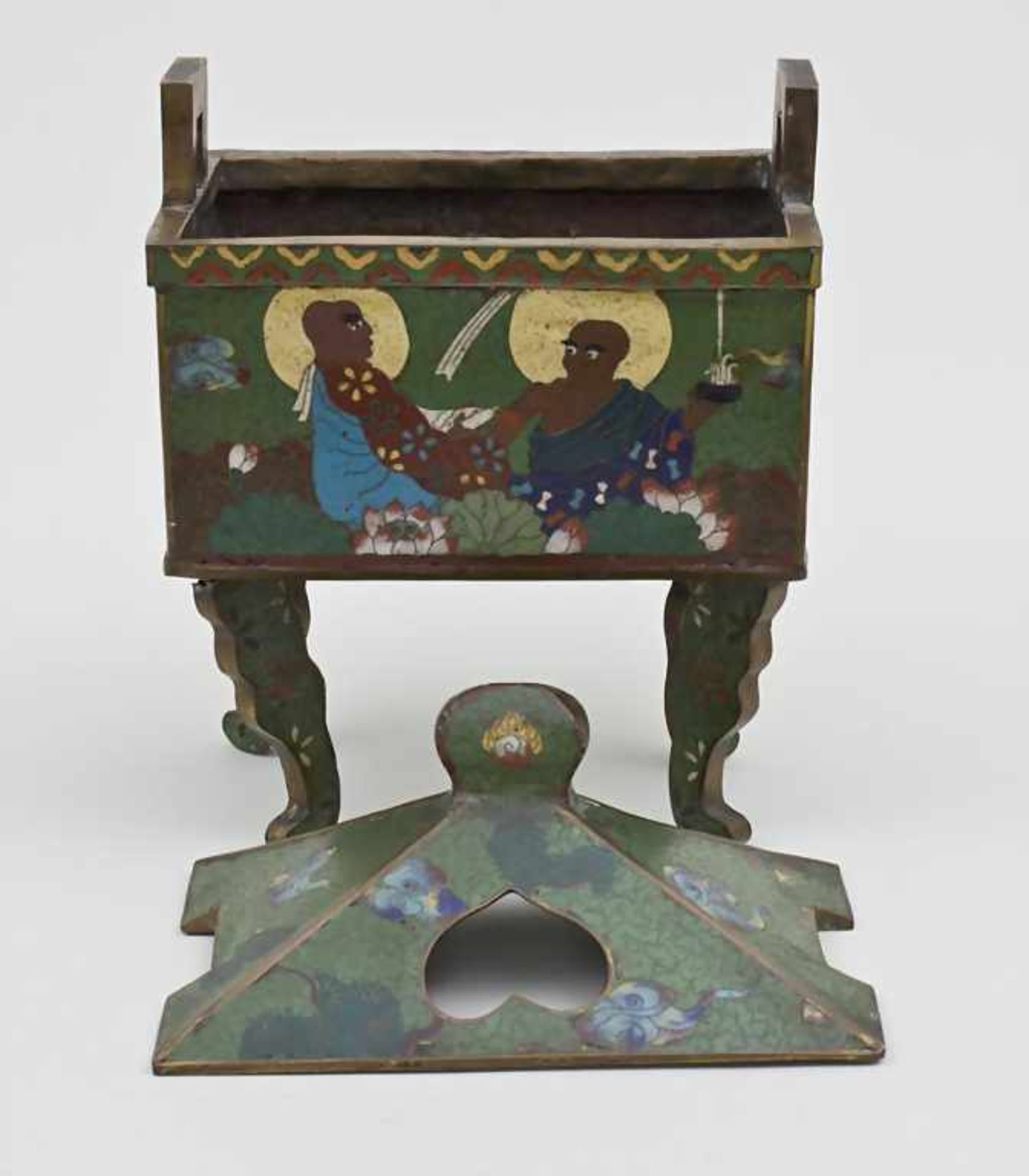 Cloisonné-Rauchgefäß/Incense Burner, Koro, Japan, um 1900rechteckig auf vier geschwungenen Füßen mit - Bild 2 aus 5