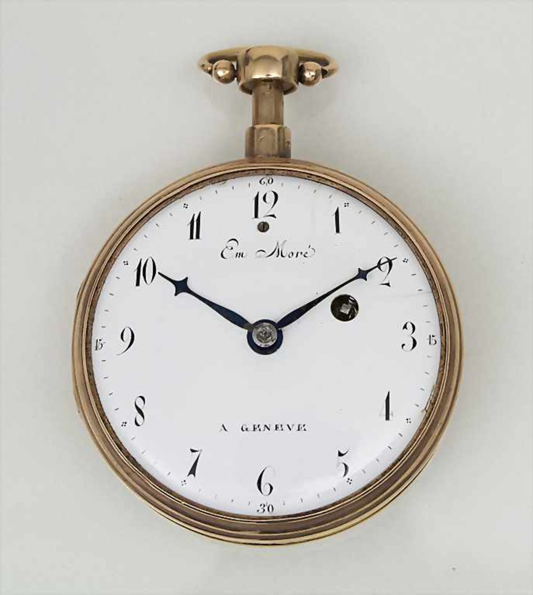 Offene Taschenuhr, Emile Moré a Geneve, um 1800Gehäuse: Gold 18 Kt 750/000, Werk: ¼ Std.-Repetition,