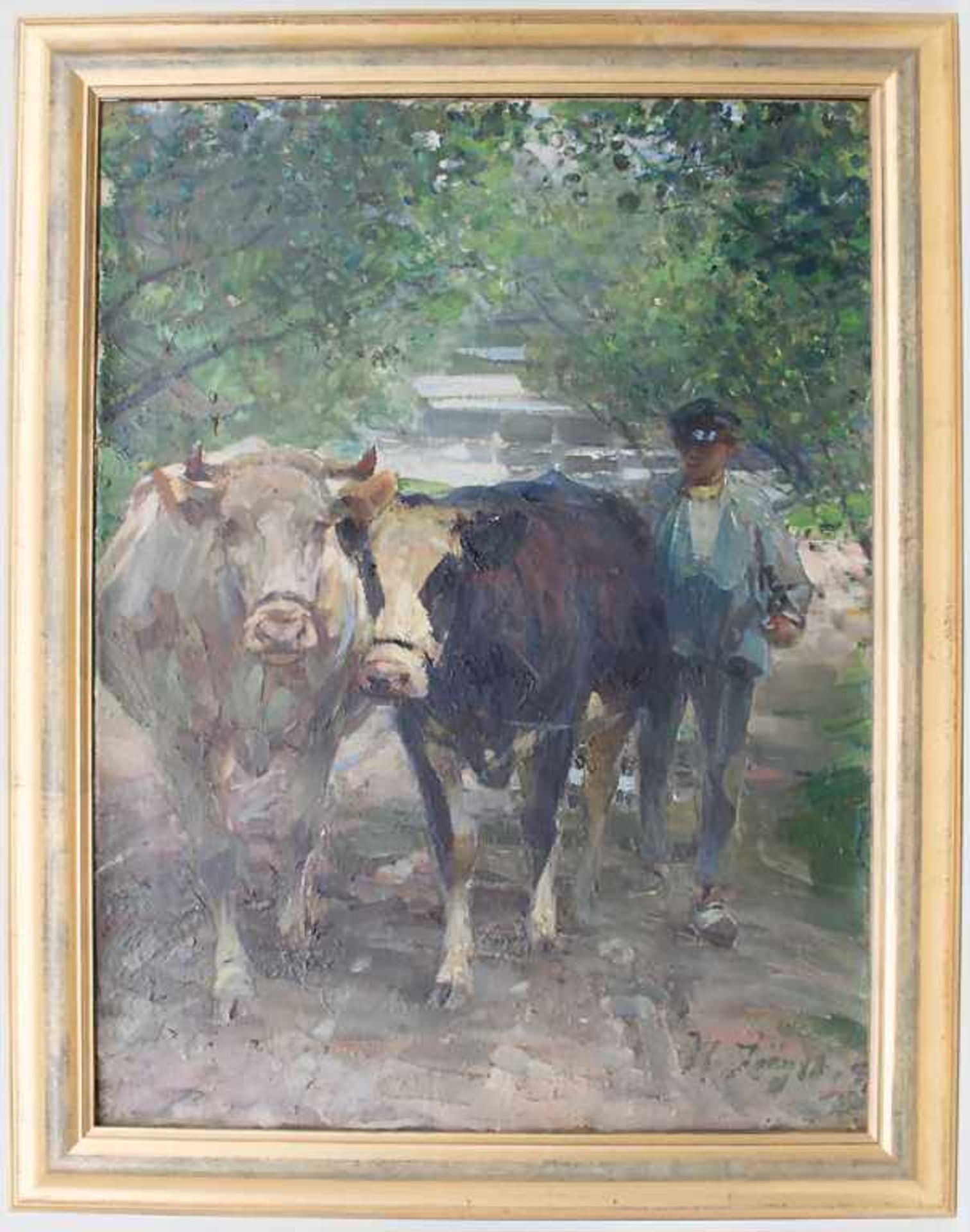 Heinrich Johann von Zügel (1850-1941), 'Hirte mit Kühen' / 'A shephard with cattle'Technik: Öl auf - Image 2 of 5