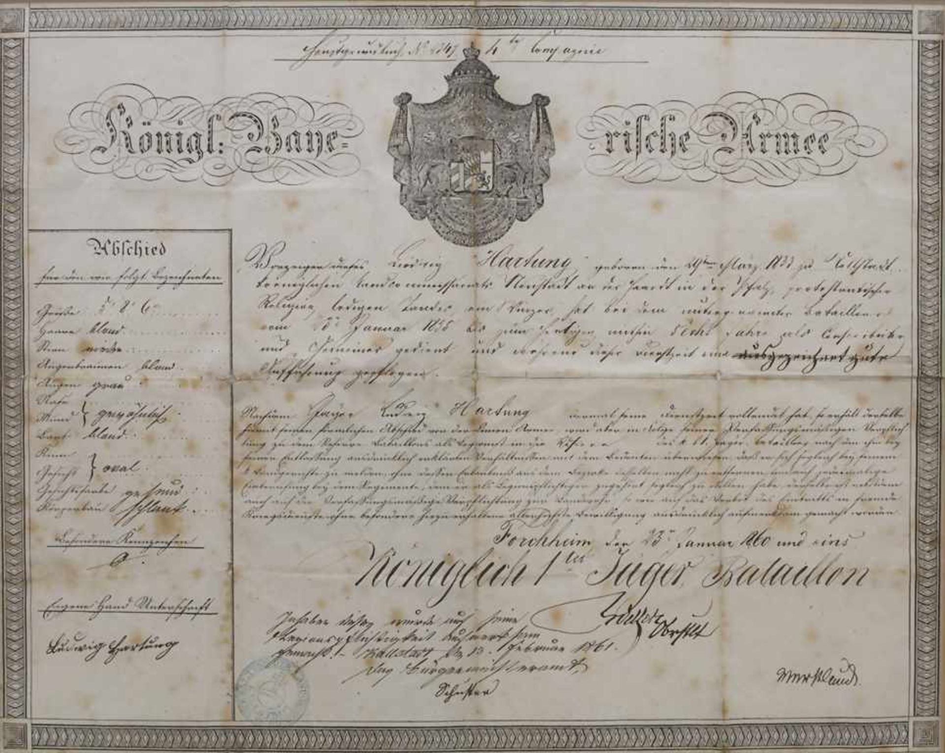 Militärische Urkunde / Military certificate, Königl. Bayerische Armee, 1861Technik: Kupferstich