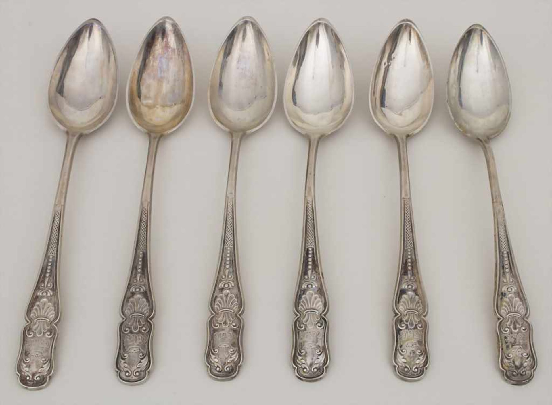 6 Teelöffel / 6 silver tea spoons, um 1800Material: Silber, 12 Lot, Punzierung: Beschaumarke,