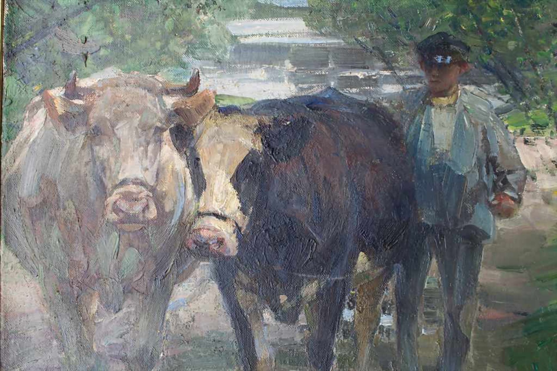 Heinrich Johann von Zügel (1850-1941), 'Hirte mit Kühen' / 'A shephard with cattle'Technik: Öl auf - Image 4 of 5