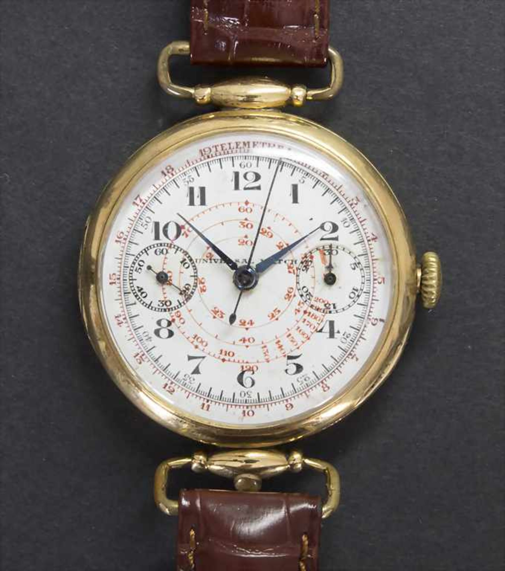 Chronograph, Universal Géneve, Schweiz, um 1930Gehäuse: 18 Kt 750/000 GG, Nr. 512410,Zifferblatt: