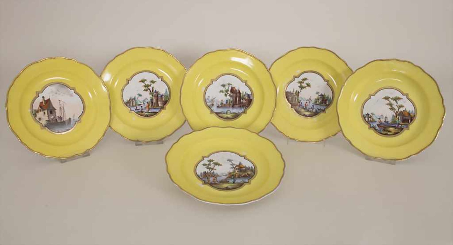 6 Ansichtenteller / 6 plates with harbour scenes, Meissen, um 1850Material: Porzellan, bemalt u.
