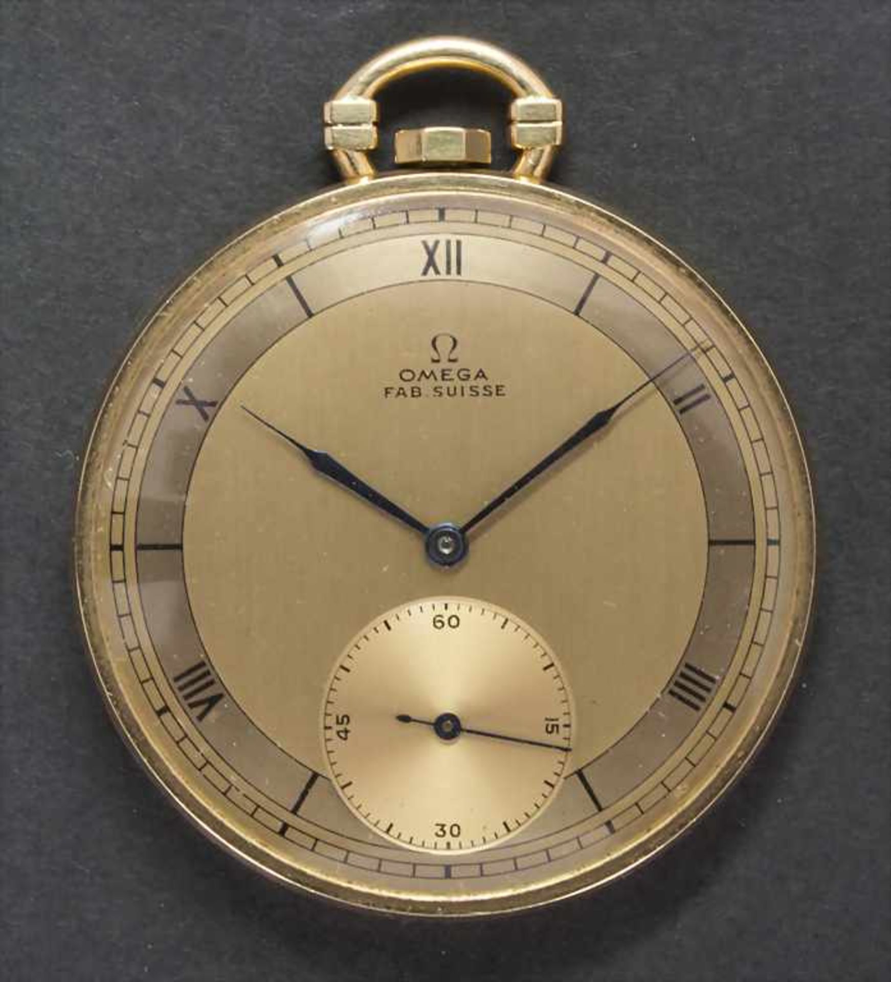 Offene Art Déco Taschenuhr / A pocket watch, Omega, Schweiz/Swiss, um 1930Gehäuse: 18 Kt. 750/000