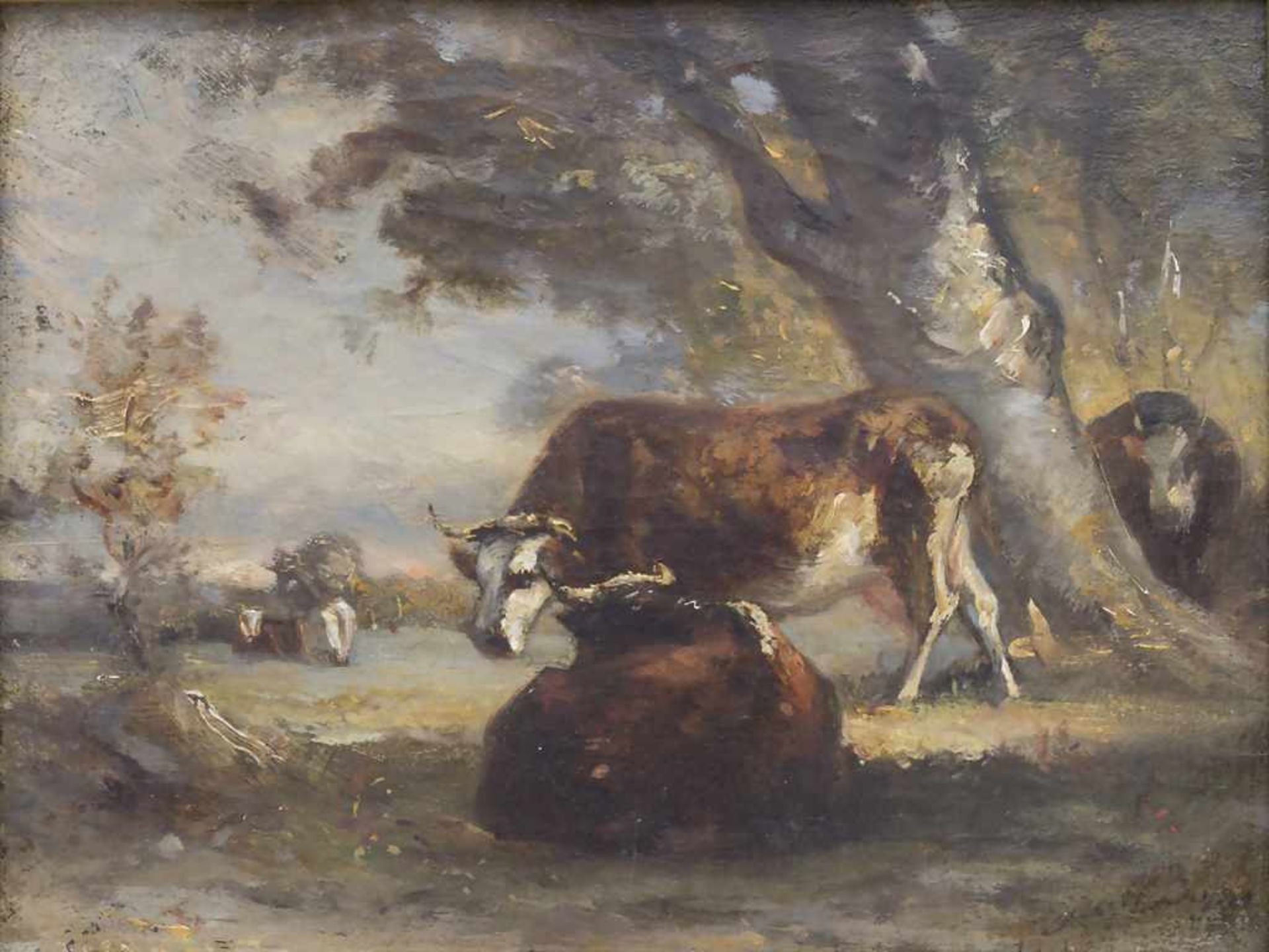 Künstler des 19. Jh., 'Rastende Rinderherde' / 'Resting cattle'Technik: Öl auf Leinwand, gerahmt,