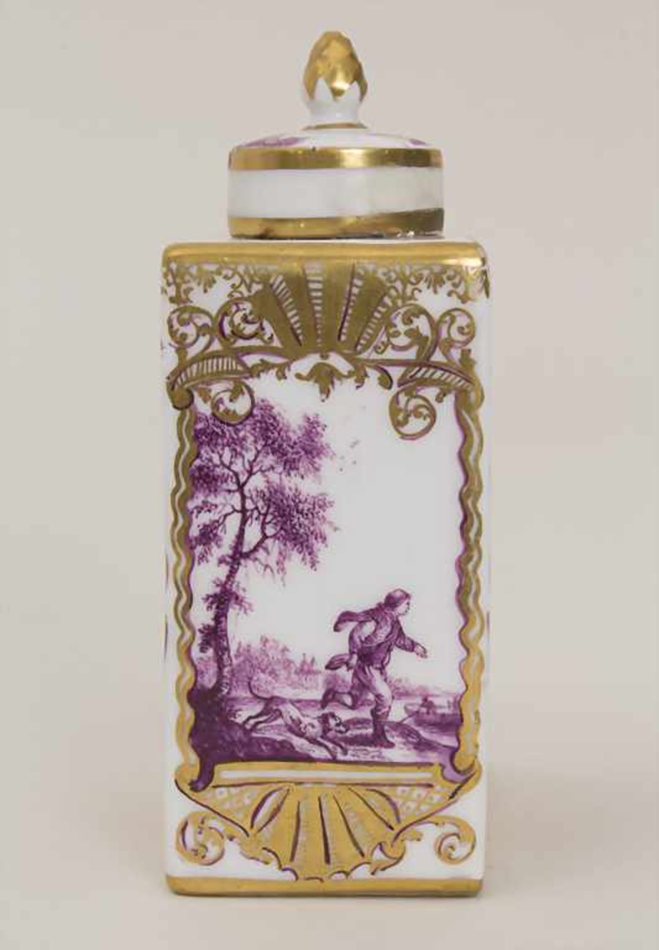 Teedose / A tea caddy, Meissen, um 1735Material: Porzellan, in Purpur und in Gold bemalt, glasiert, - Bild 2 aus 15