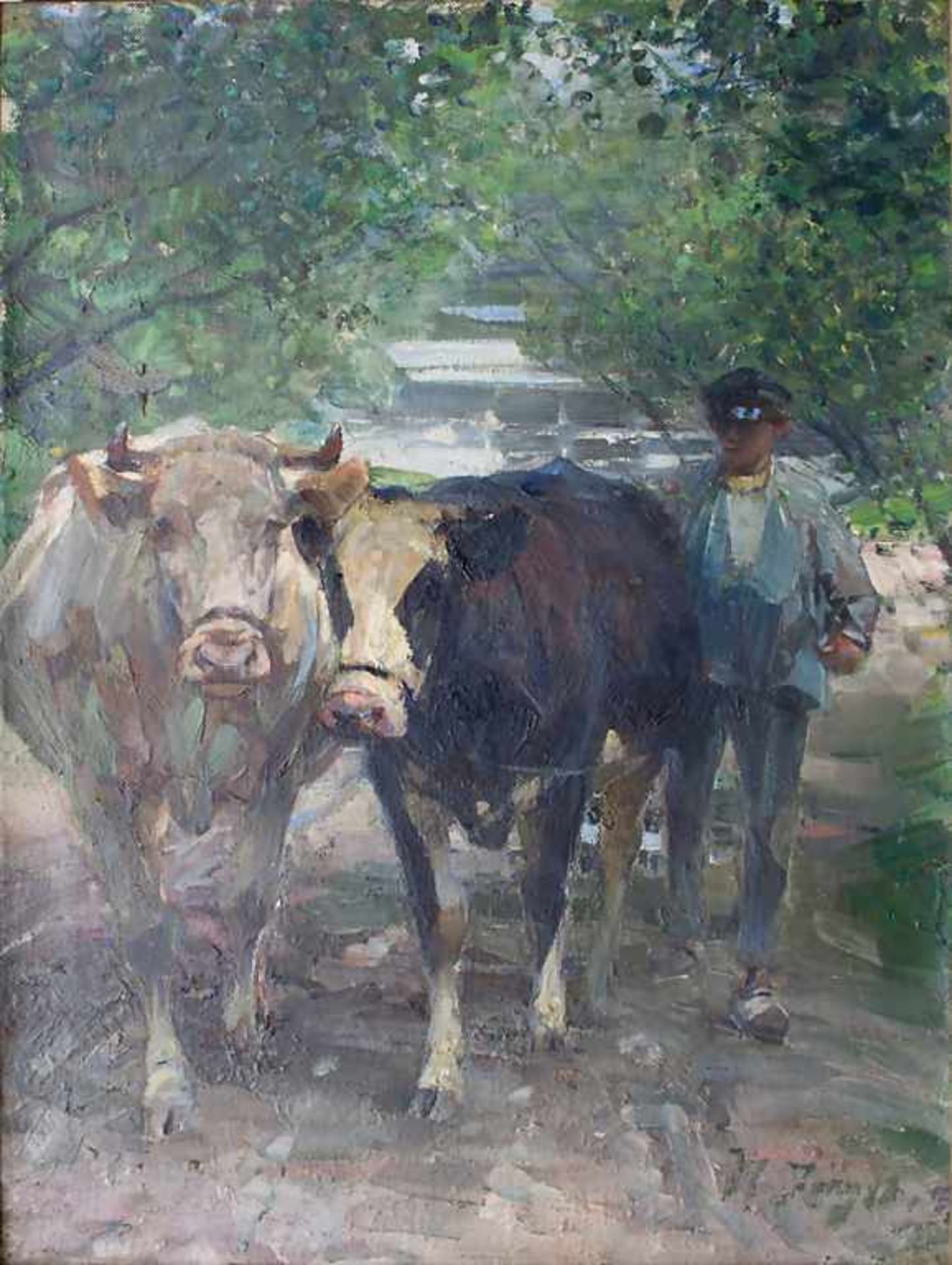 Heinrich Johann von Zügel (1850-1941), 'Hirte mit Kühen' / 'A shephard with cattle'Technik: Öl auf
