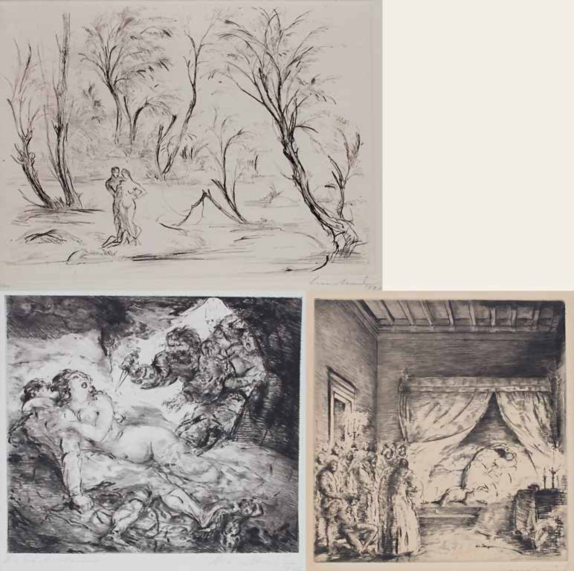 Hans Meid (1883-1957), 3 Radierungen / 3 etchings'Die Ehebrecherin', 'Liebespaar am Fluss', und '