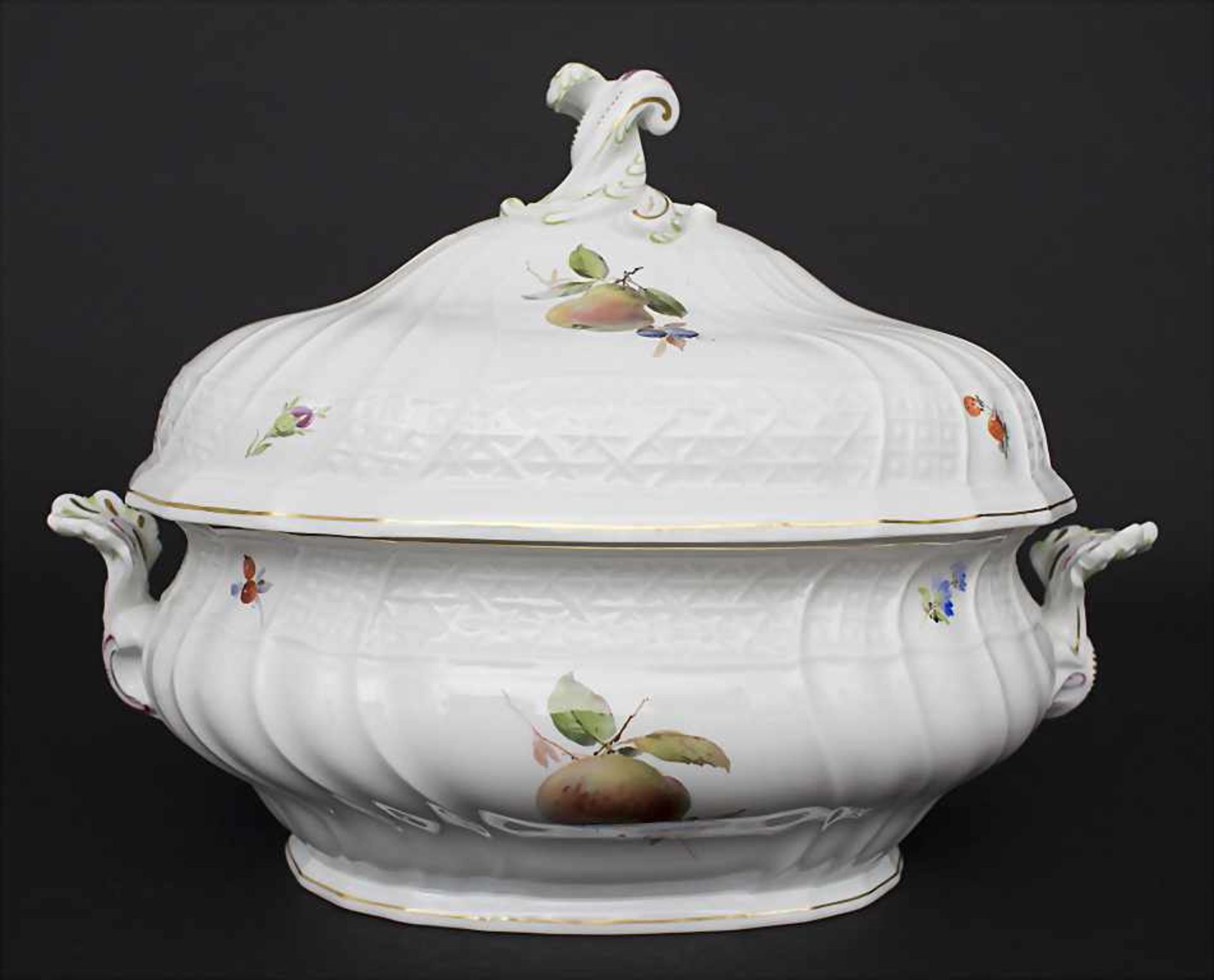 Große ovale Deckelterrine und Gemüseplatte mit Früchtemalerei / An oval covered tureen and serving - Image 3 of 10