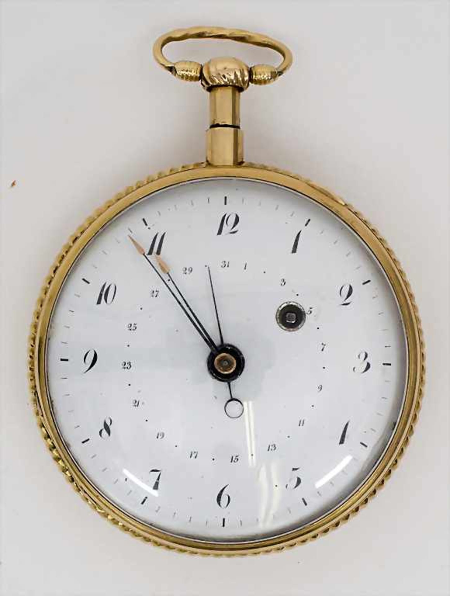 Offene Taschenuhr mit 1/4 Repetition und Kalender / A pocket watch 1/4 quarter repeater with