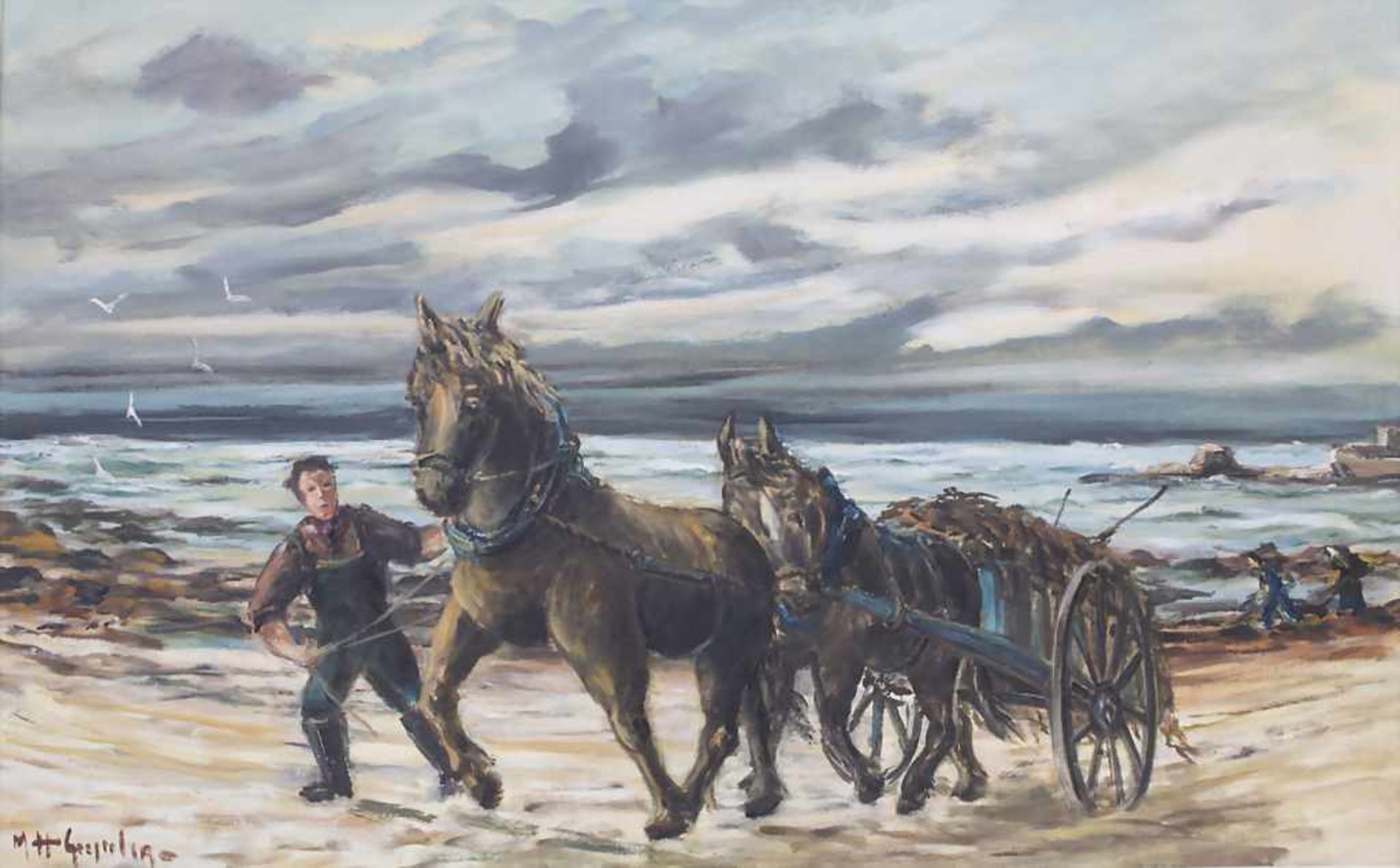 Künstler der 1950er Jahre, 'Fischer mit Pferdegespann' / 'A fisherman with horse and cart'<