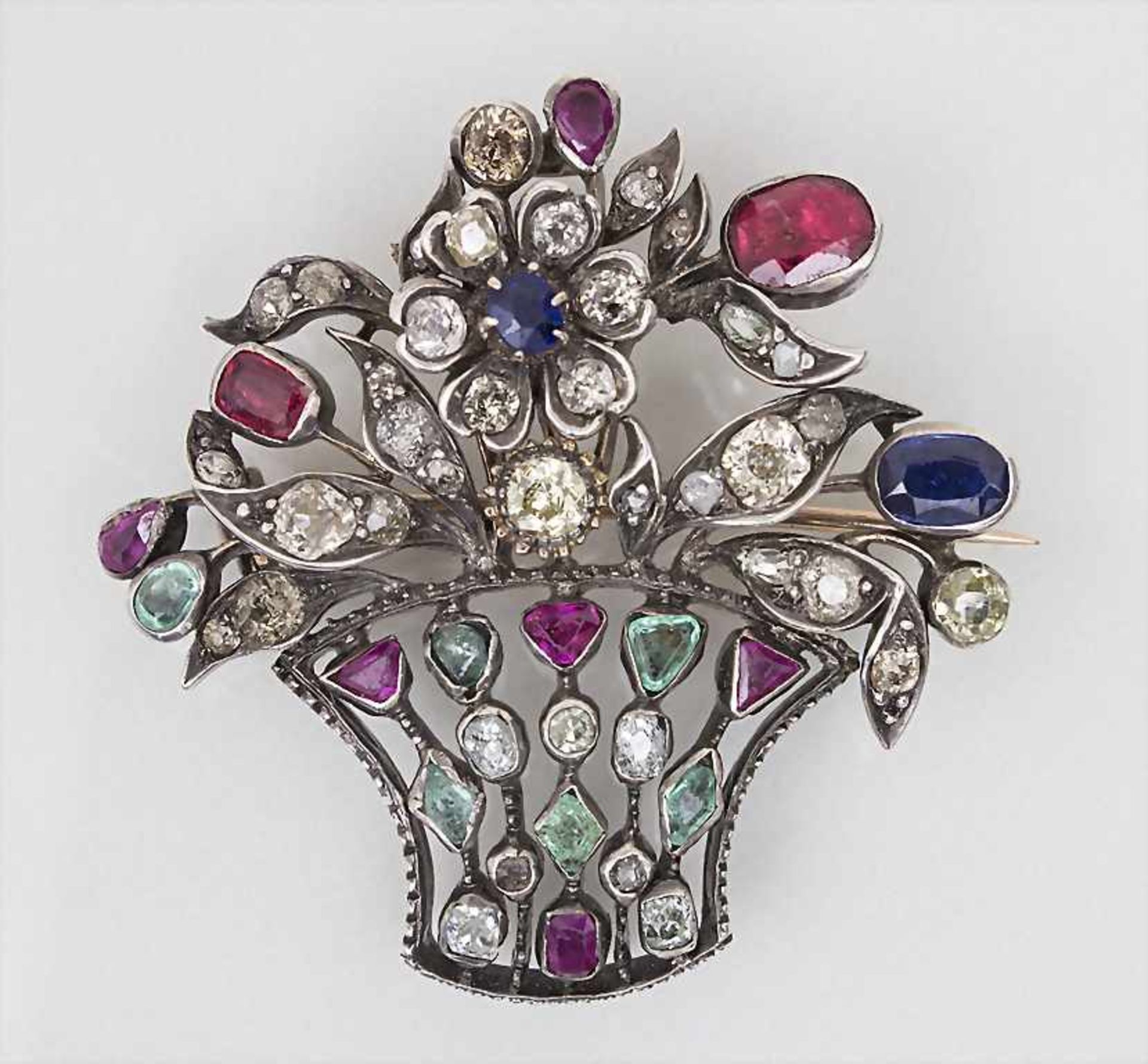 Blumenkorb Brosche mit Edelsteinen / An 18k gold flower basket brooch with diamonds, sapphires,