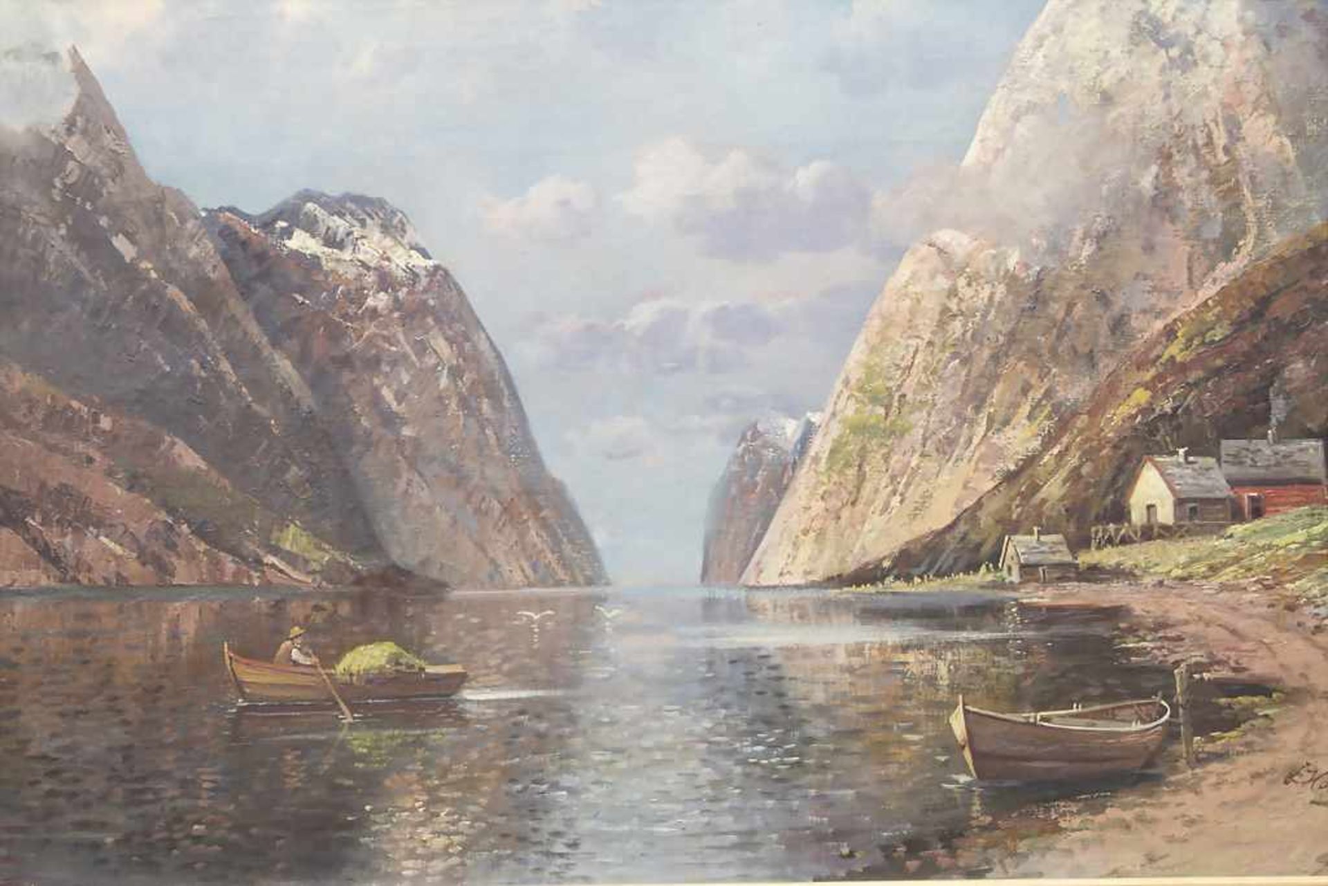 J. Holmstedt (Karl Kaufmann) (1843-1902/05), 'Fjordlandschaft mit Fischerboot und Hütten' / 'A fjord - Image 3 of 5