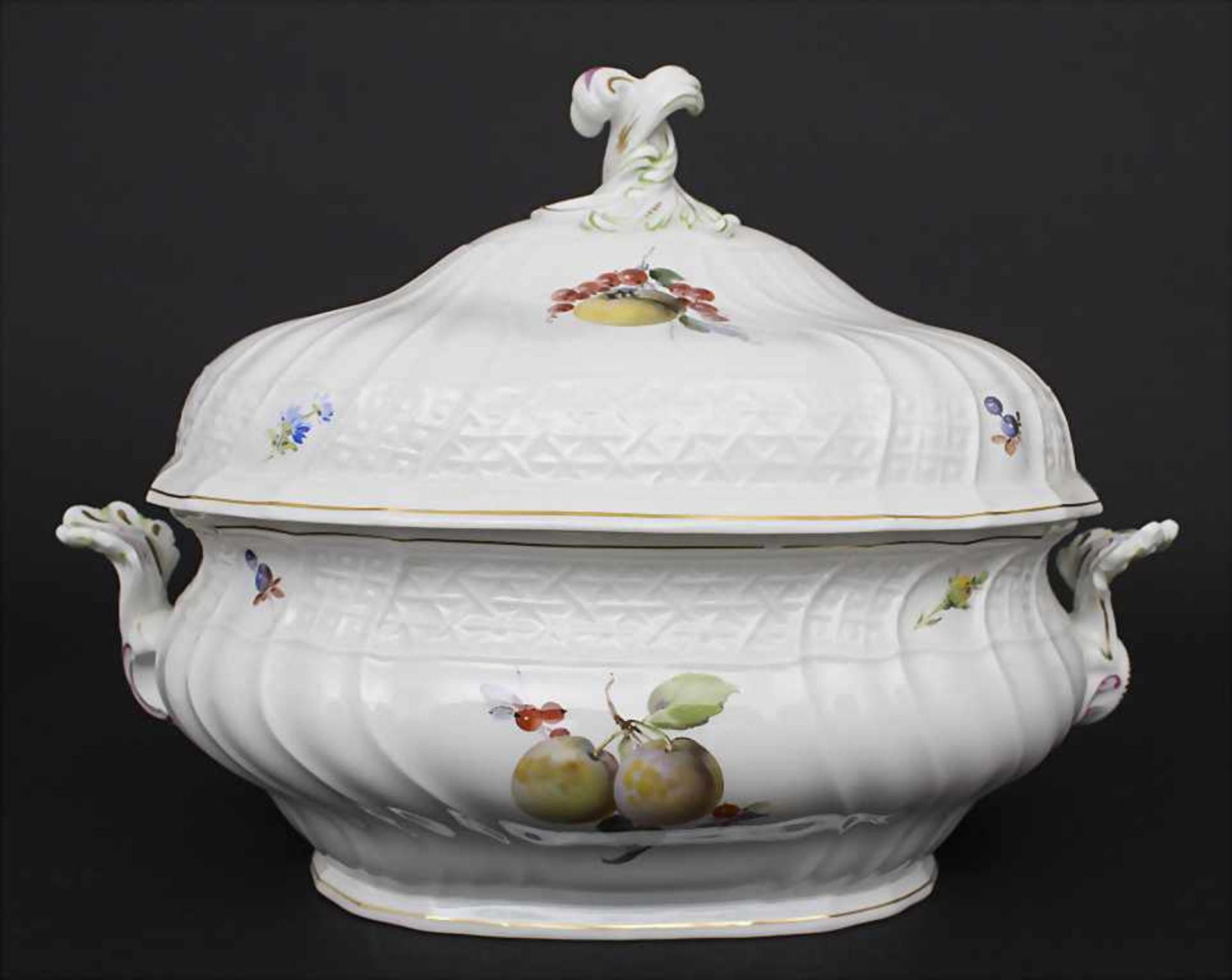 Große ovale Deckelterrine und Gemüseplatte mit Früchtemalerei / An oval covered tureen and serving - Image 5 of 10