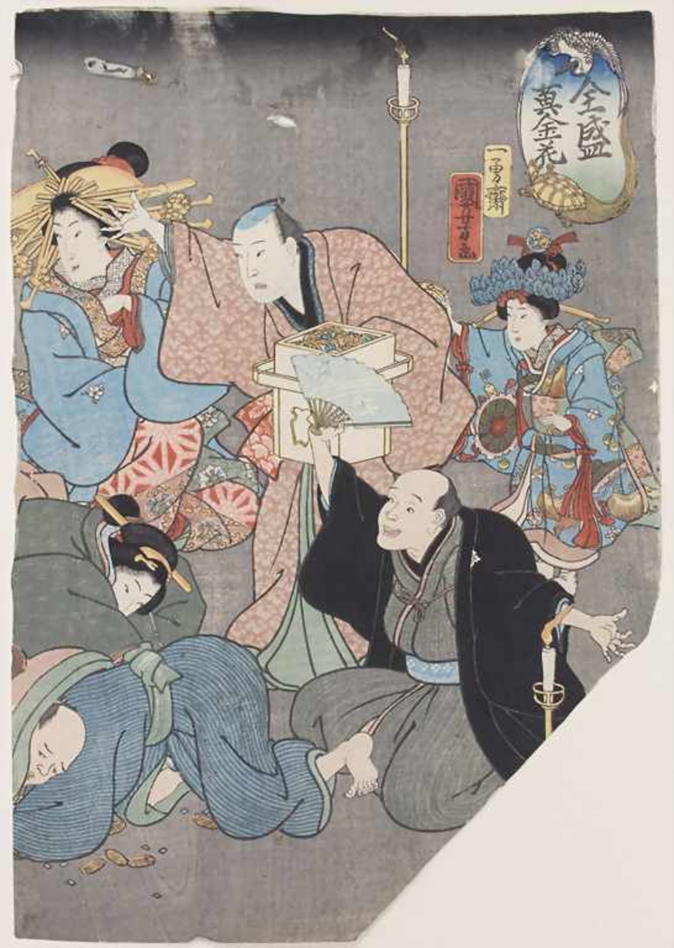 Japanischer Farbholzschnitt, 'Samurai und Geishas' / 'Samurai and Geishas'