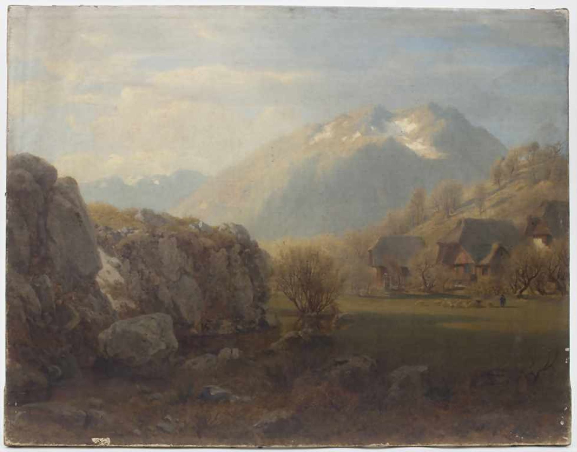 Jacob Vollweider (1834-1891), 'Gebirgslandschaft mit Bauernhäusern und Figurenstaffage / A