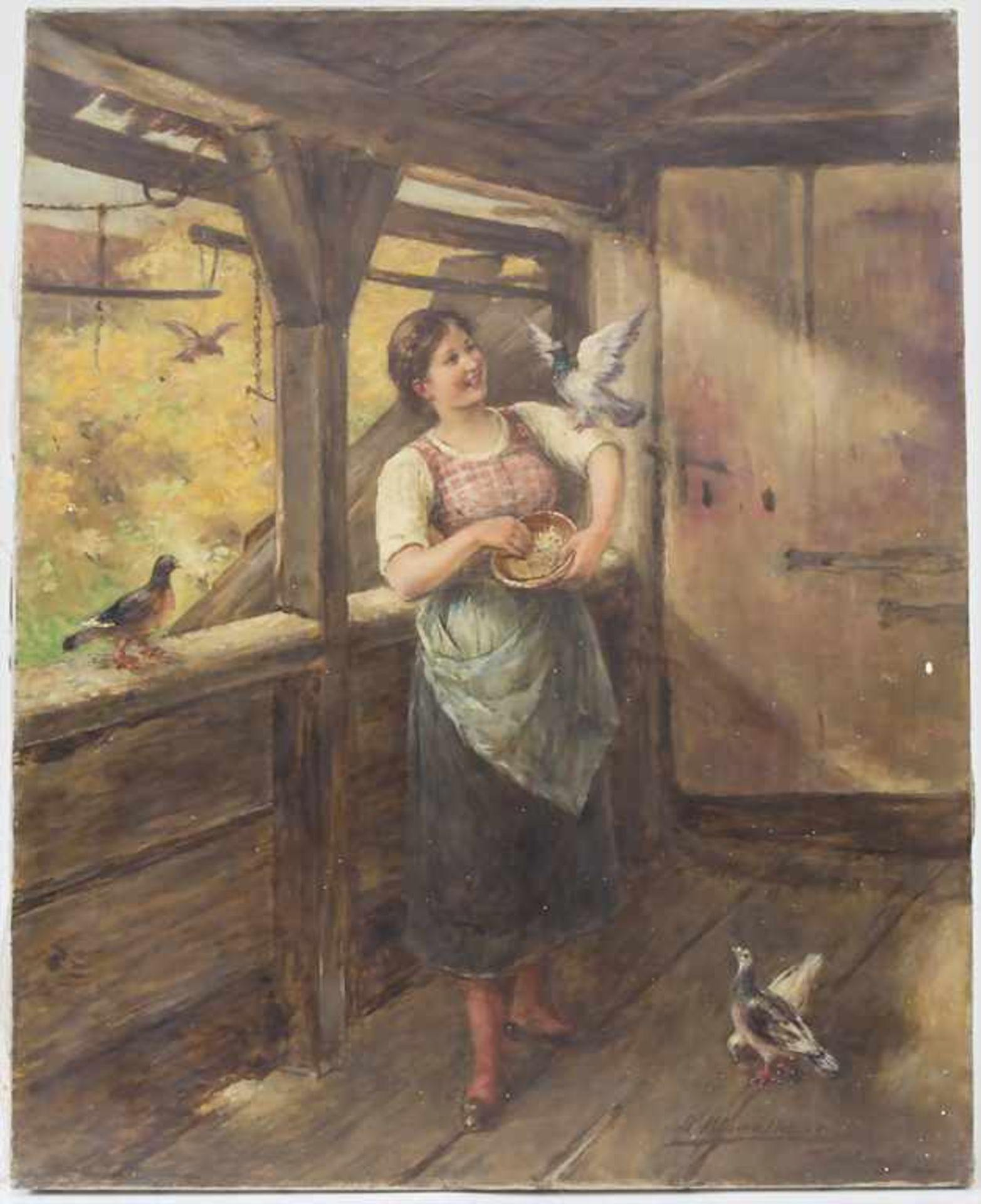 Ludwig Blume-Siebert (1853-1929), 'Junge Frau beim Taubenfüttern' / 'A young woman feeding doves'