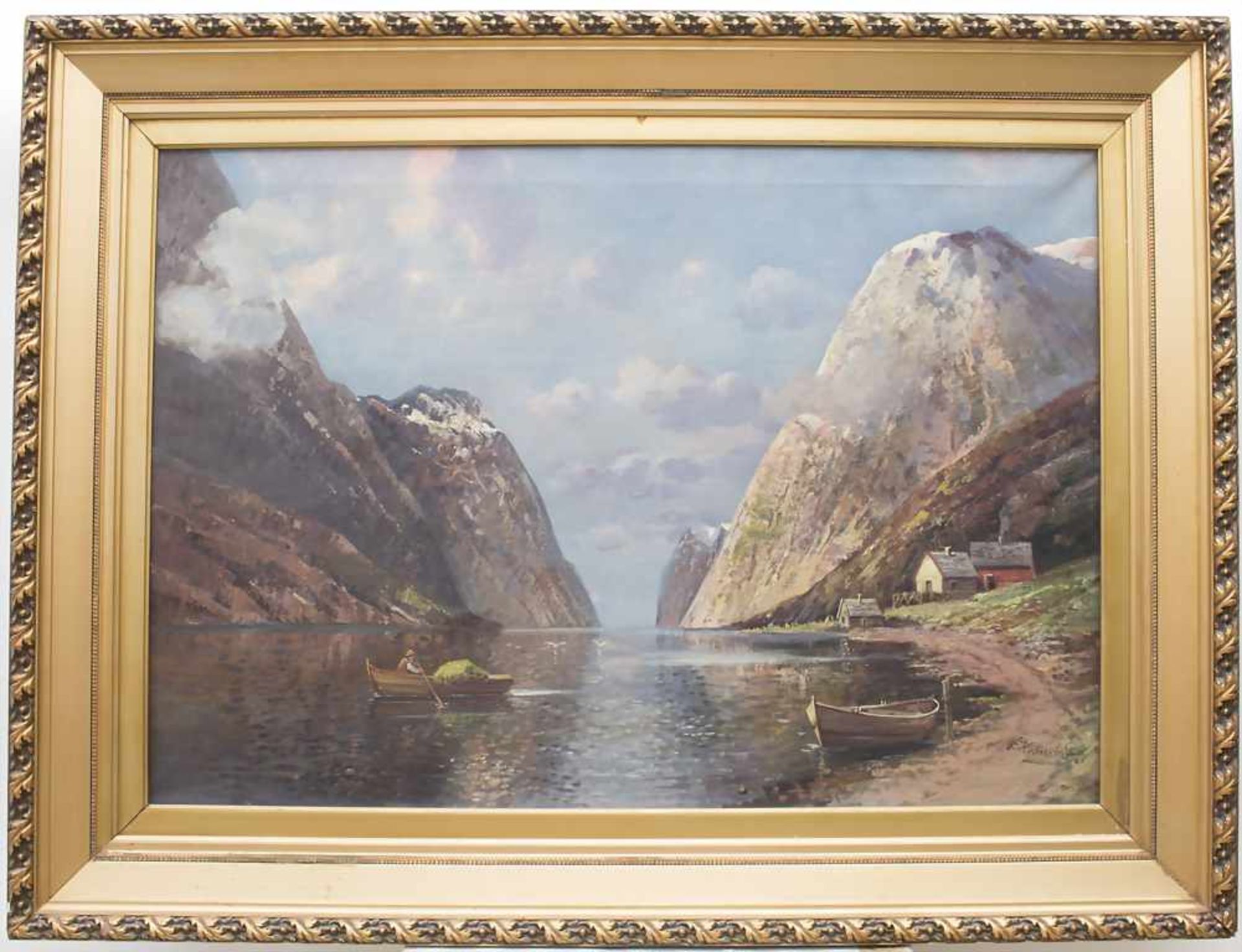 J. Holmstedt (Karl Kaufmann) (1843-1902/05), 'Fjordlandschaft mit Fischerboot und Hütten' / 'A fjord - Image 2 of 5