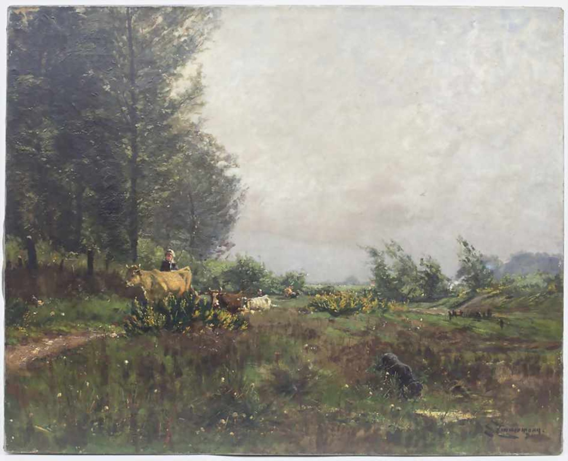 E. Zimmermann 19. Jh., 'Wiesenlandschaft mit Bäuerin und Vieh' / 'A meadow landscape with woman