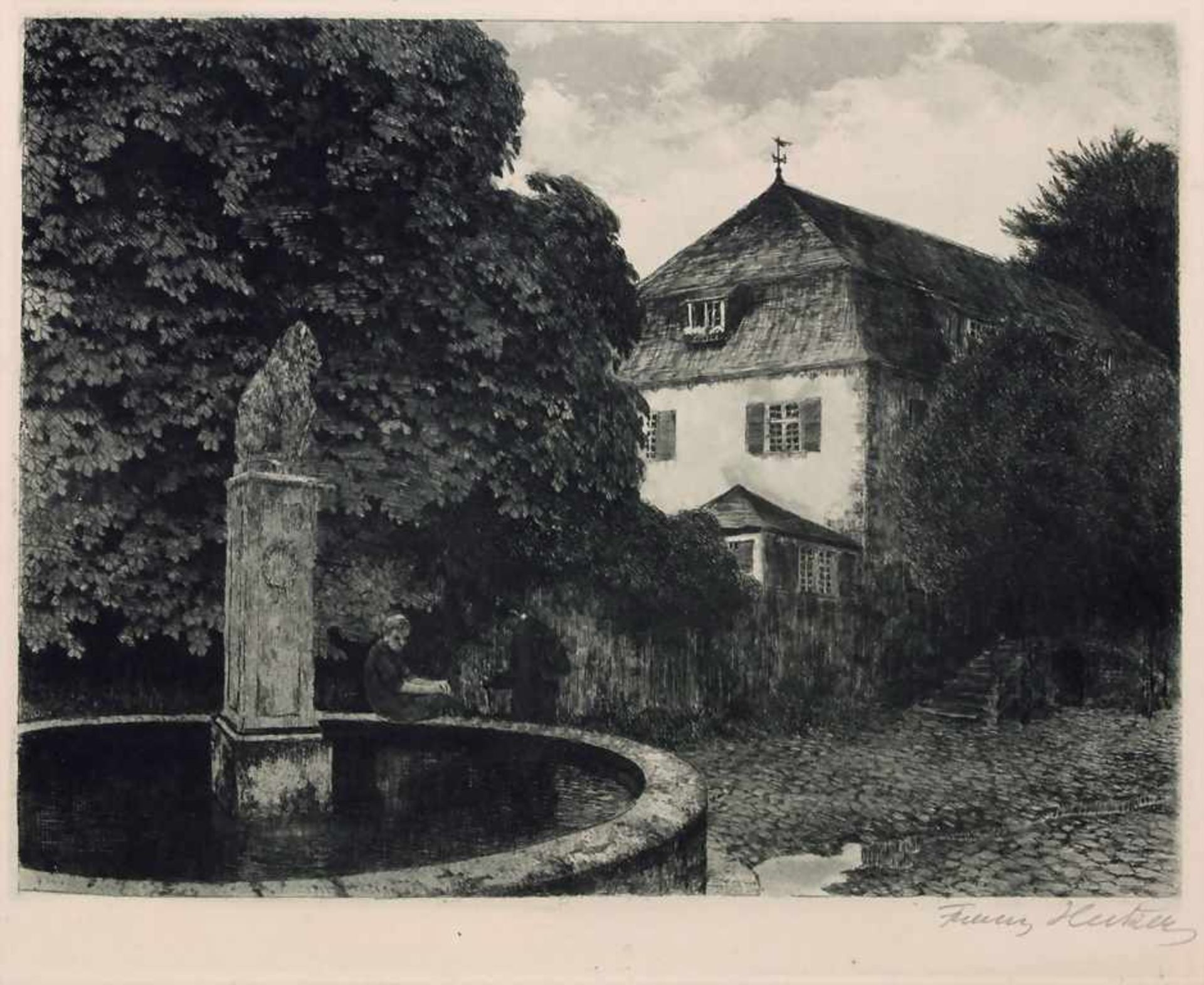 Franz Hecker (1870-1944), 'Mann am Brunnenrand' / 'A man seated on the edge of a fountain'