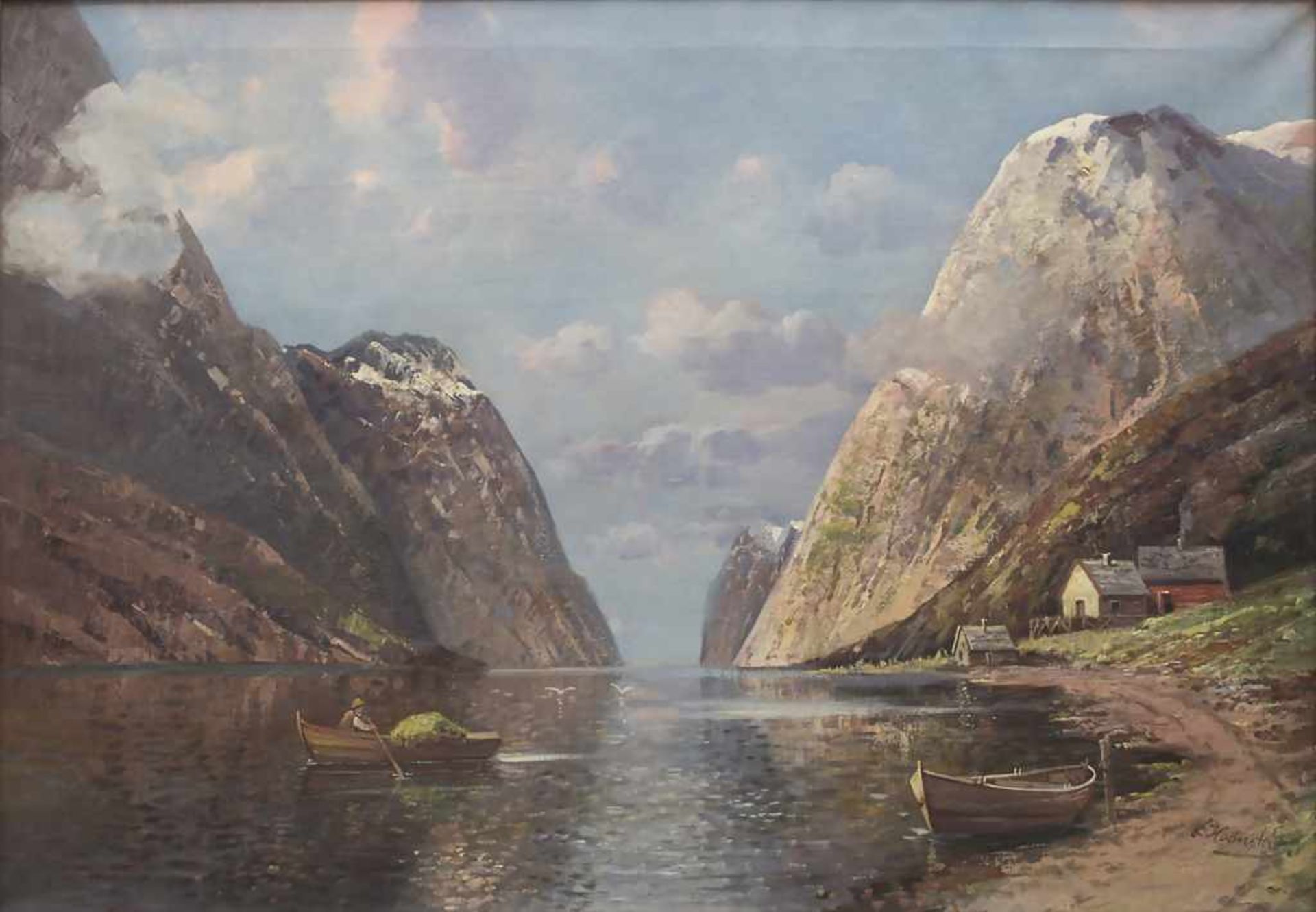 J. Holmstedt (Karl Kaufmann) (1843-1902/05), 'Fjordlandschaft mit Fischerboot und Hütten' / 'A fjord
