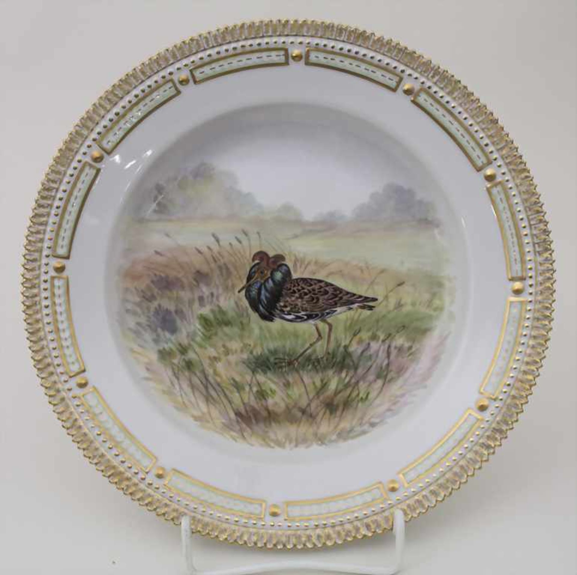 Teller mit Kampfläufer / A plate with a ruff (bird), Flora Danica, Royal Copenhagen, 20. Jh.