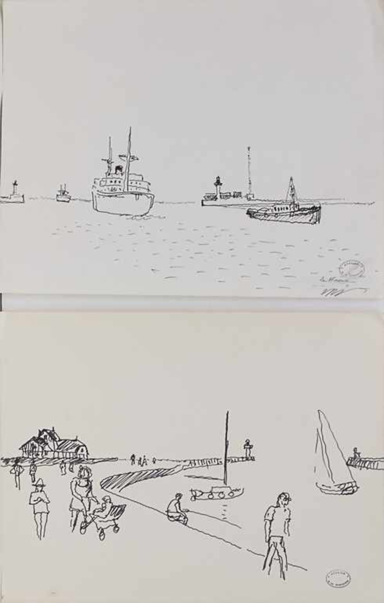 Robert Henri Pinchon (1889-?), 2 Zeichnungen 'Boote' und 'Hafenmole' / 2 drawings 'Boats' and '