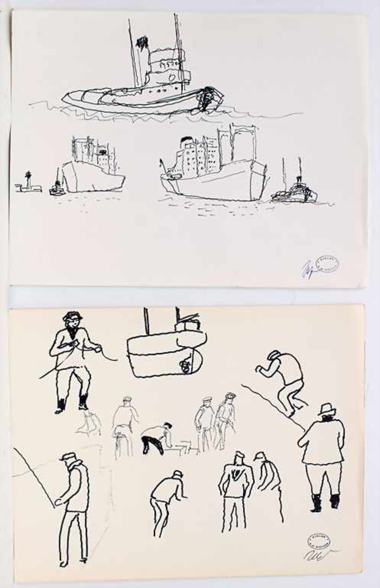 Robert Henri Pinchon (1889-?), 2 Zeichnungen 'Hafenarbeiter' und 'Schiffstudien'