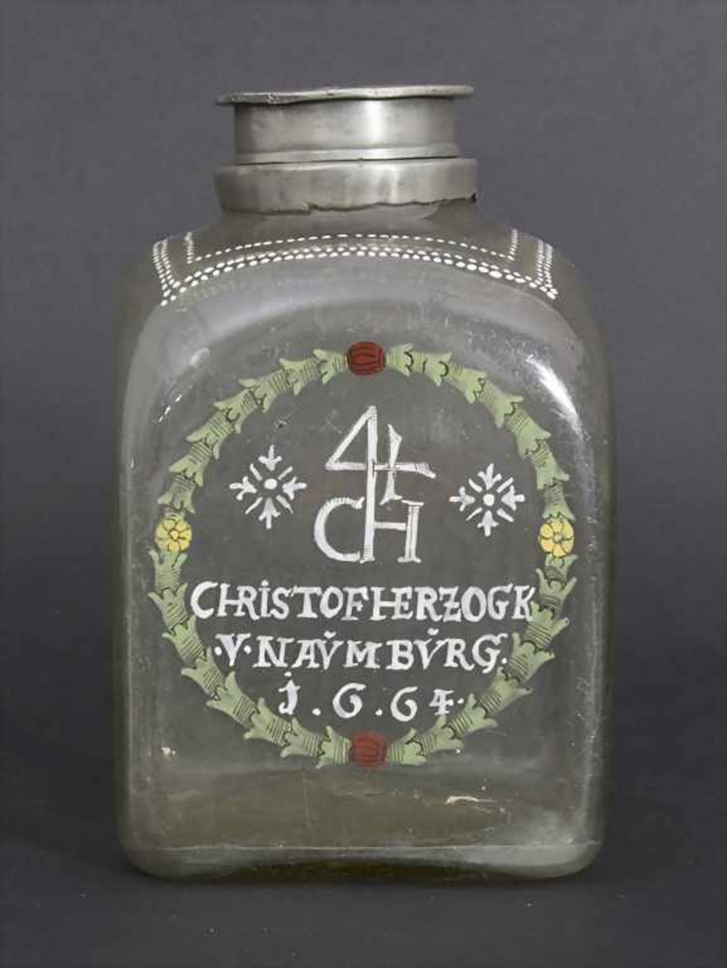 Vierkantflasche mit Kranzdekor / A square bottle with wreath, deutsch, 1664