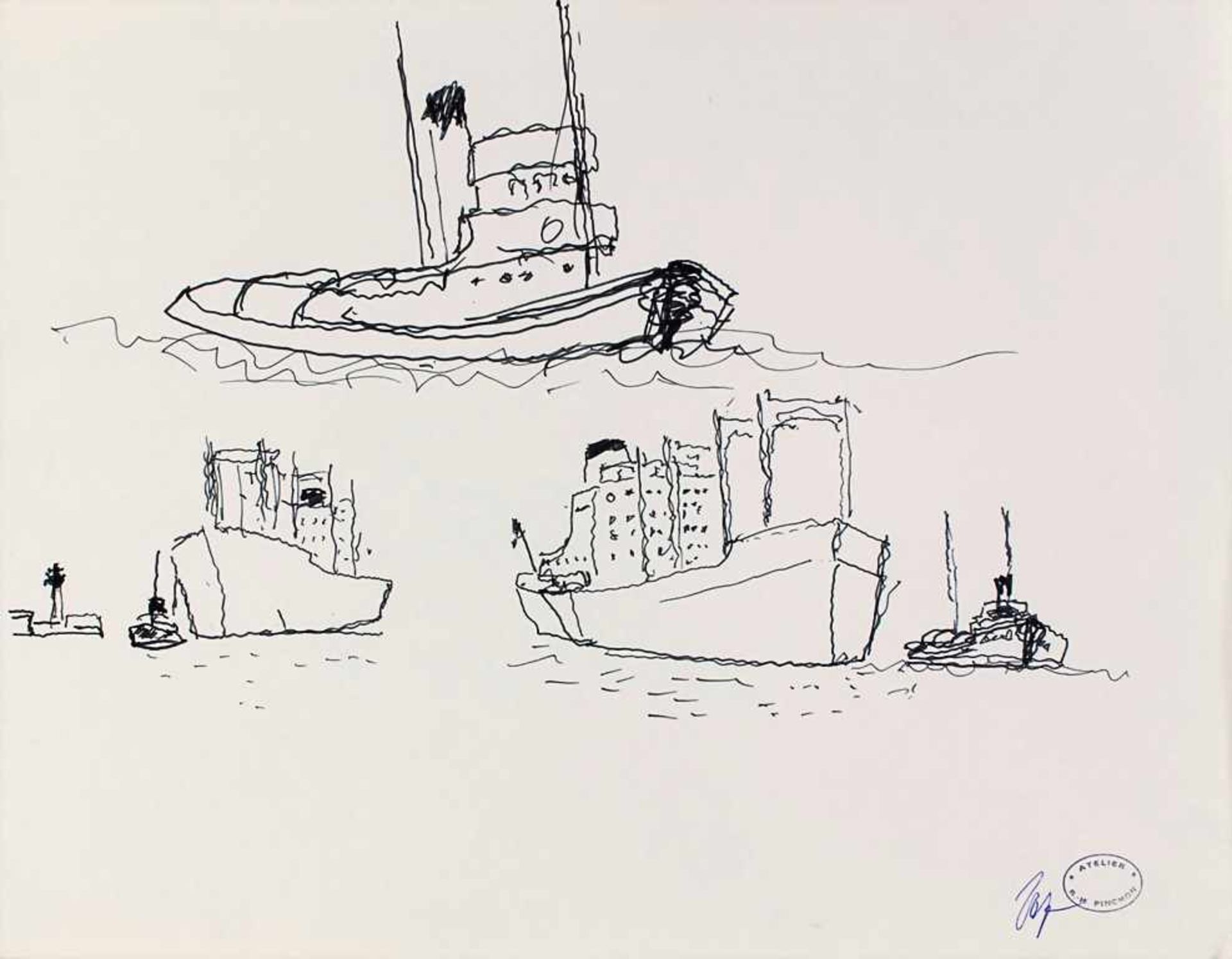 Robert Henri Pinchon (1889-?), 2 Zeichnungen 'Hafenarbeiter' und 'Schiffstudien' - Bild 2 aus 7