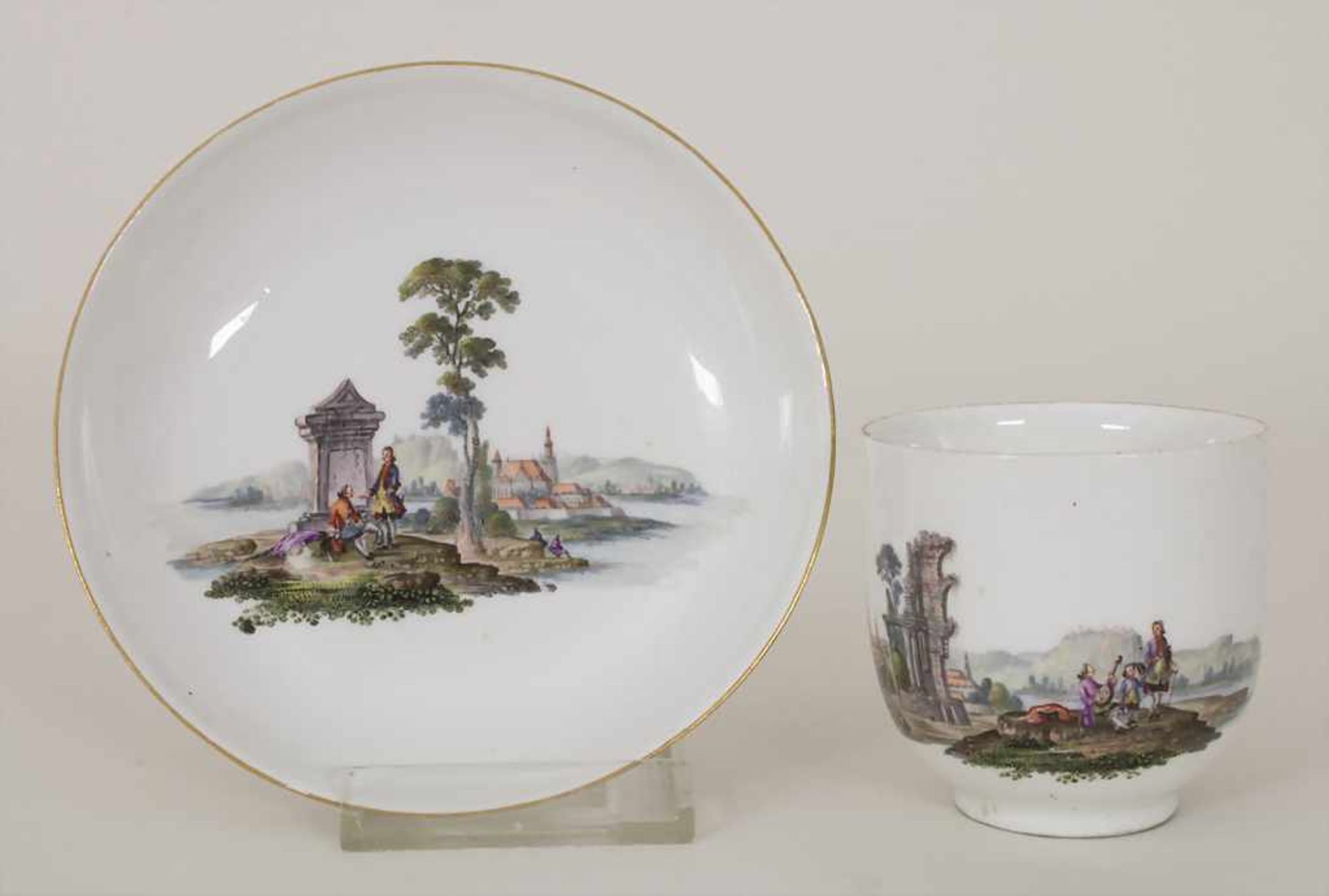 Tasse und UT mit Uferlandschaften / A tea bowl and saucer with river landscapes, Meissen, um