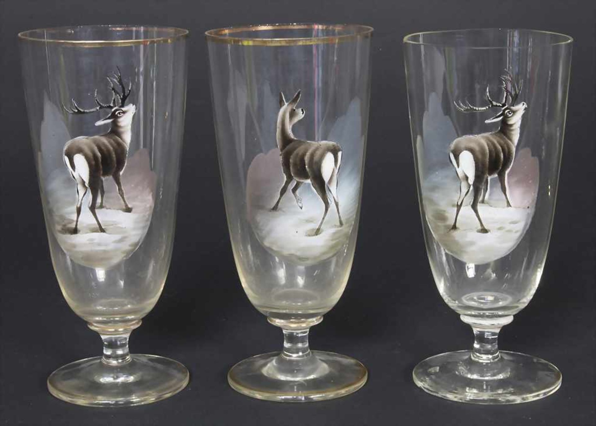 Saftkrug und 6 Gläser mit Hirschmotiven / A decanter and 6 glasses with deer decor, um 1900 - Image 2 of 6