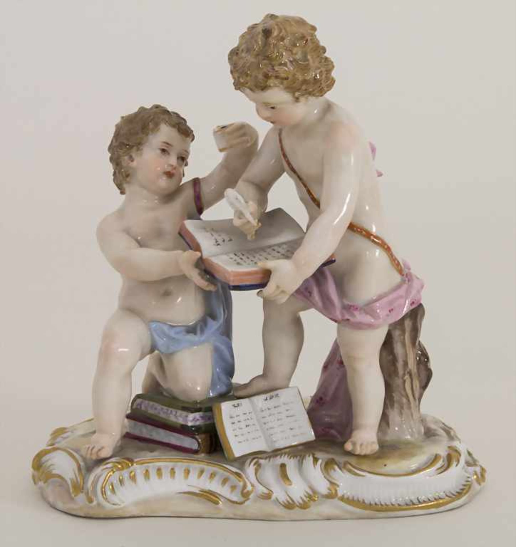Zwei Kinder beim Schreiben eines Buches / A figural group of 2 cherubs writing in a book, Michel