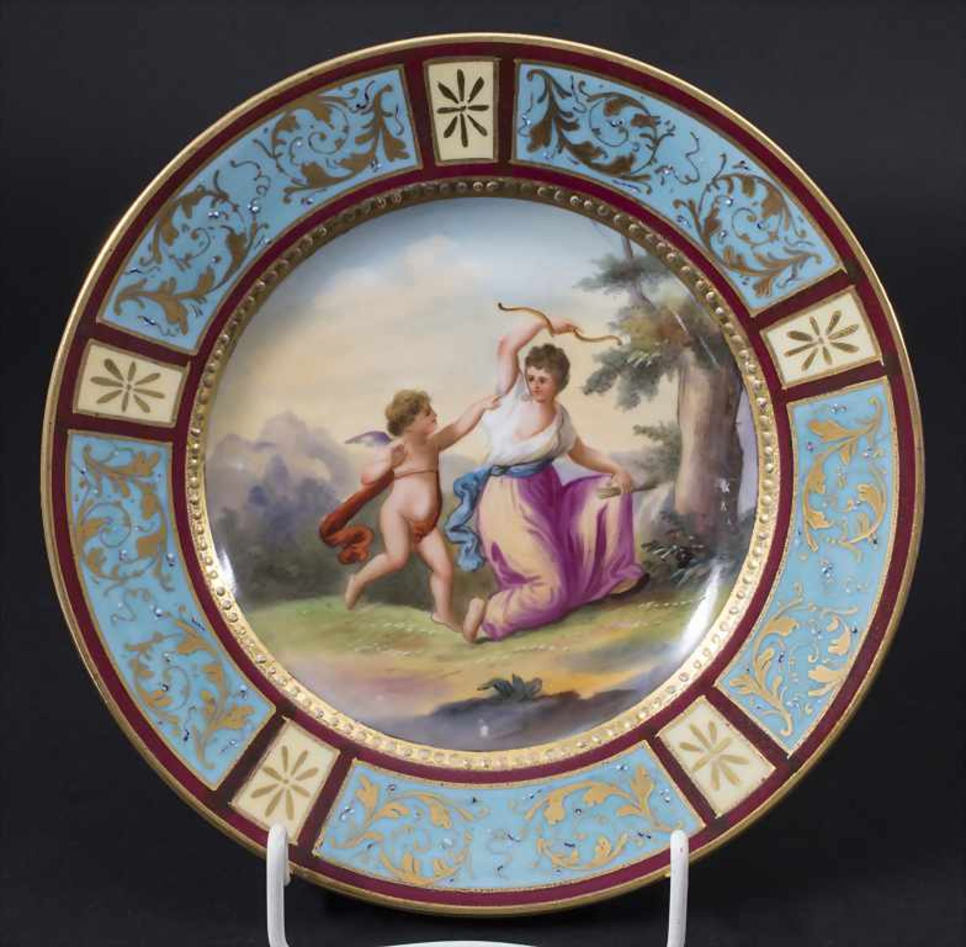 Bild-Teller / A plate depicting a cupid with a young woman, wohl Böhmen, um 1880