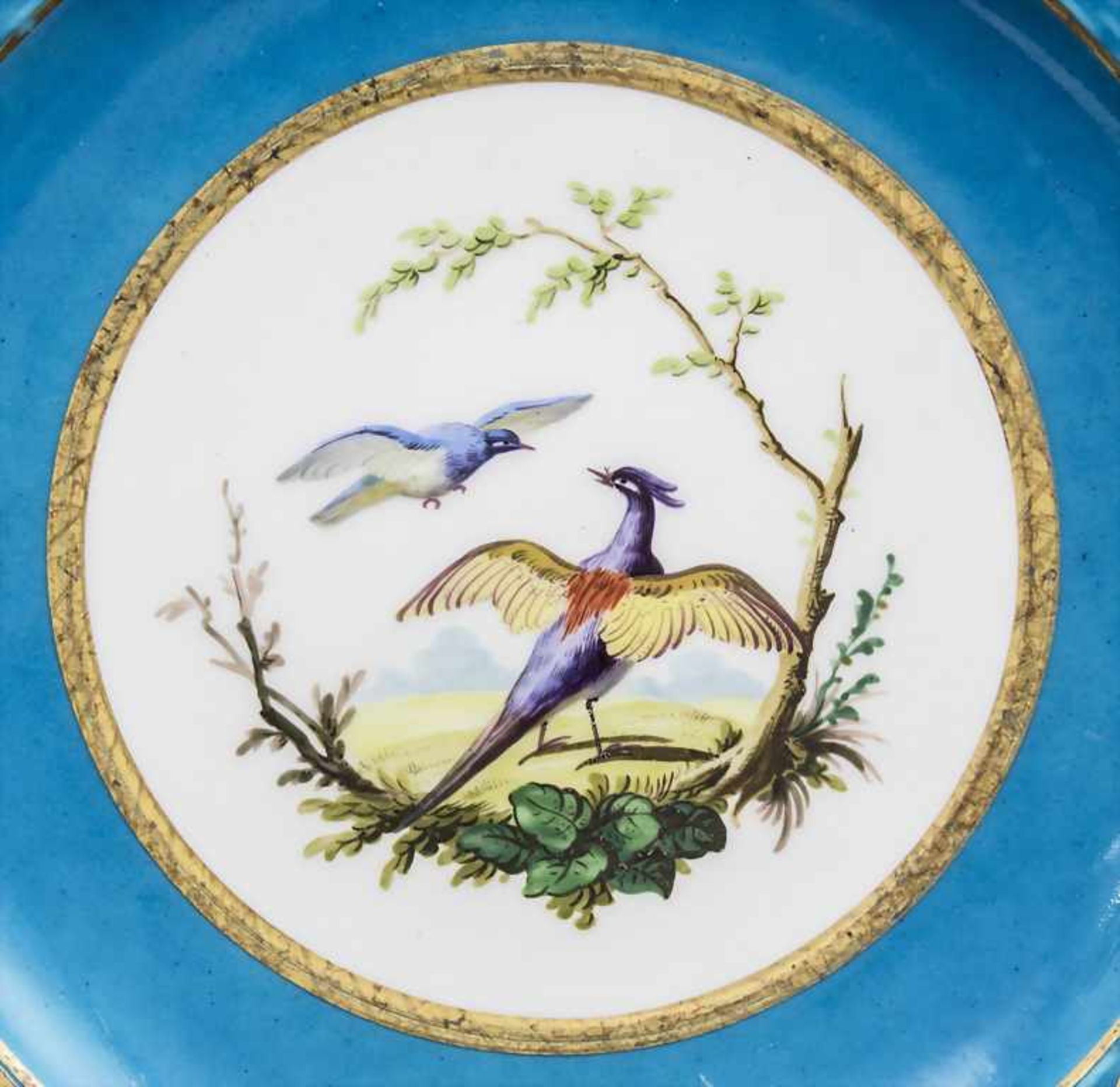 Paar 'Bleu Celeste' Teller mit Vogeldekor / A pair of 'Bleu Celeste' bird plates, Sèvres, - Image 11 of 13