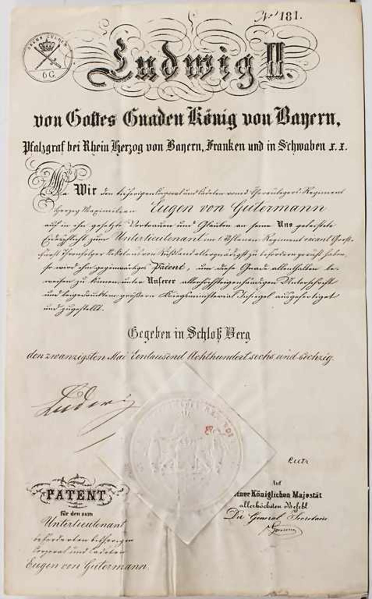 Urkunde mit Autograph 'König Ludwig II von Bayern' (Reg 1864-1886) / A certificate with autograph '