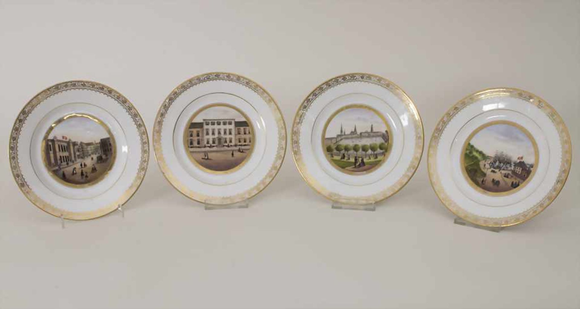 4 Teller mit Ansichten von Hamburg / 4 decorative plates with views of Hamburg, deutsch, 1. Hälfte