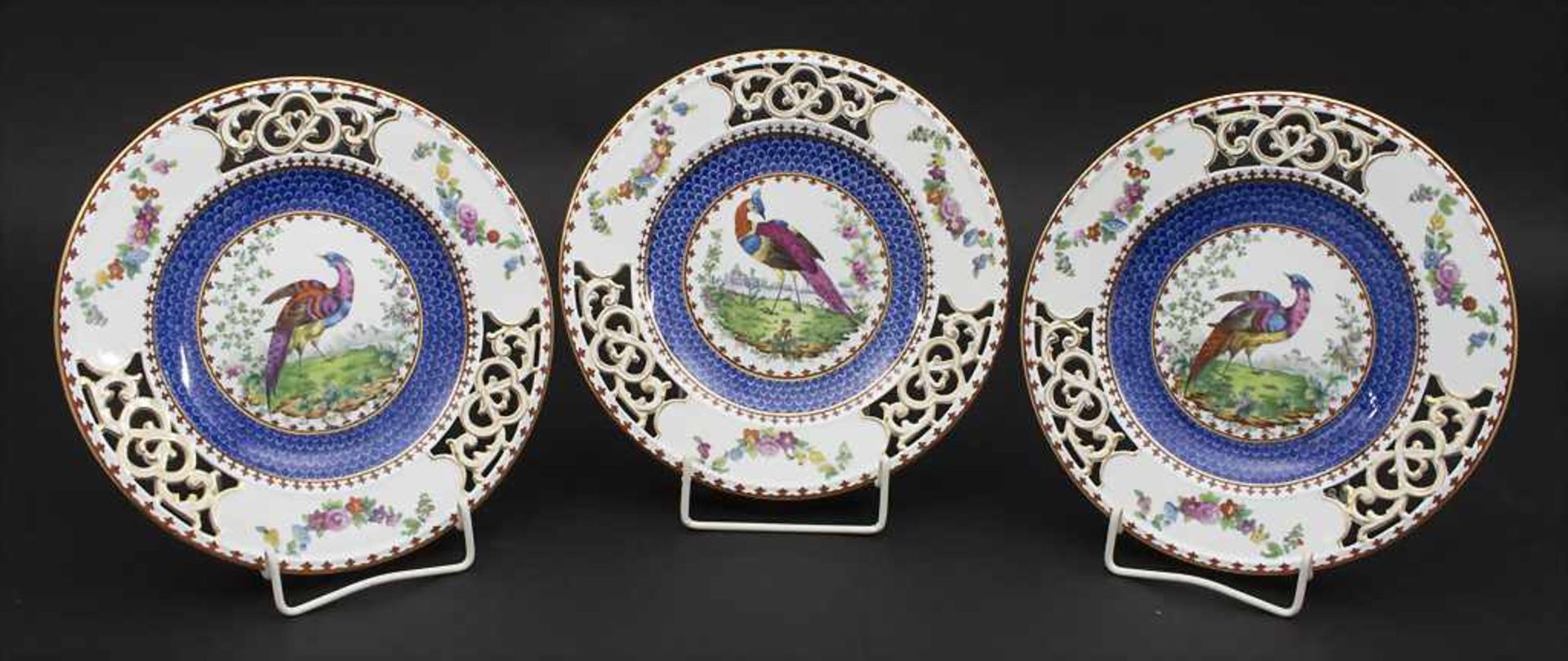 3 Durchbruchteller mit Vogeldekor / 3 breakthrough bird plates, Copeland, Spode, England,