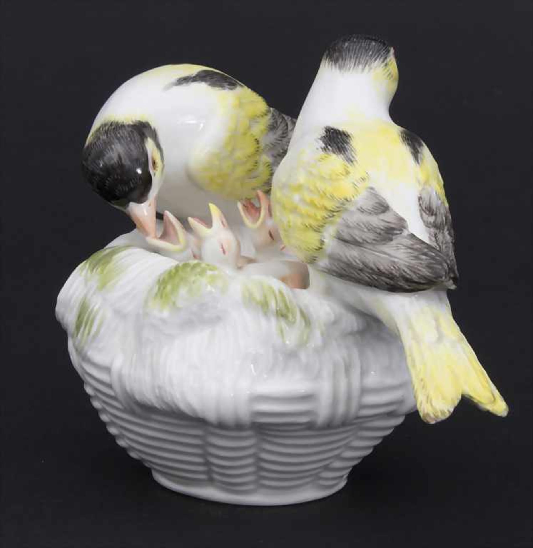 Kanarien-Vogelpaar mit Jungvögeln / A pair of canary birds with young birds, Meissen, Mitte 20. Jh. - Bild 3 aus 6