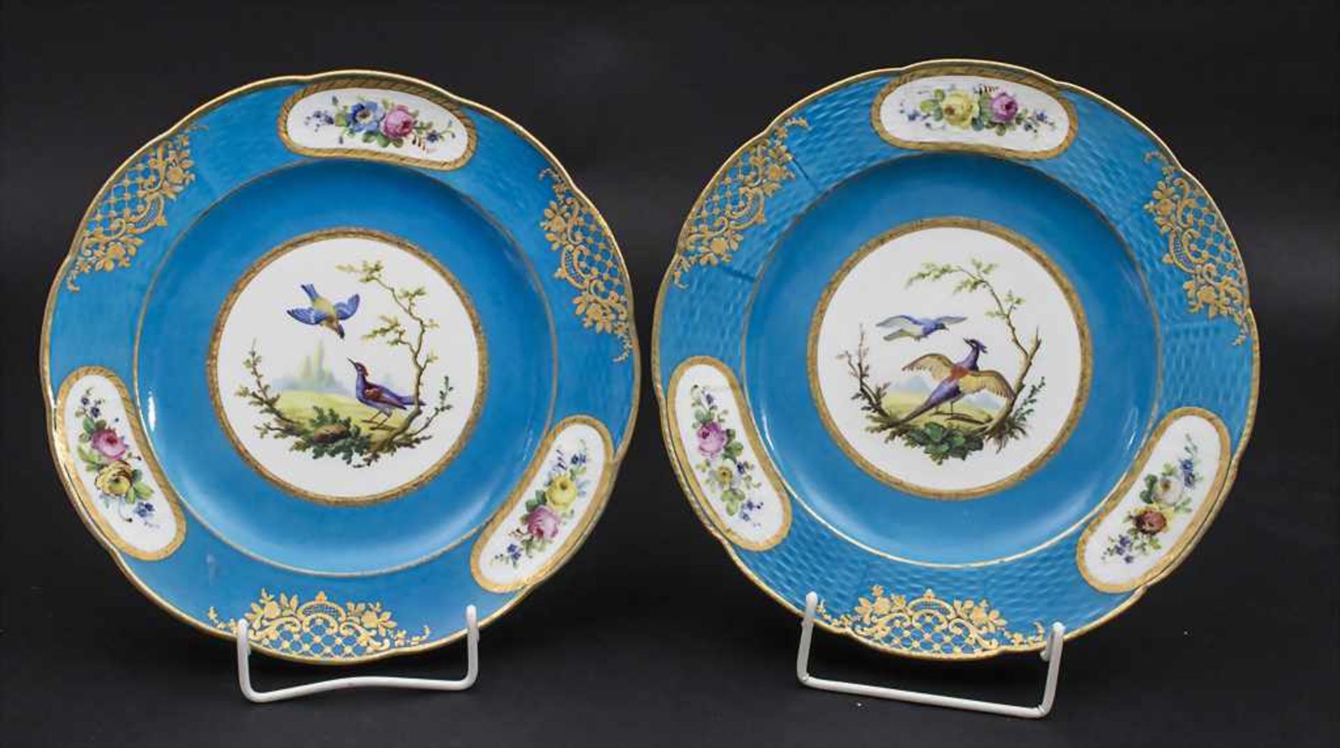 Paar 'Bleu Celeste' Teller mit Vogeldekor / A pair of 'Bleu Celeste' bird plates, Sèvres,