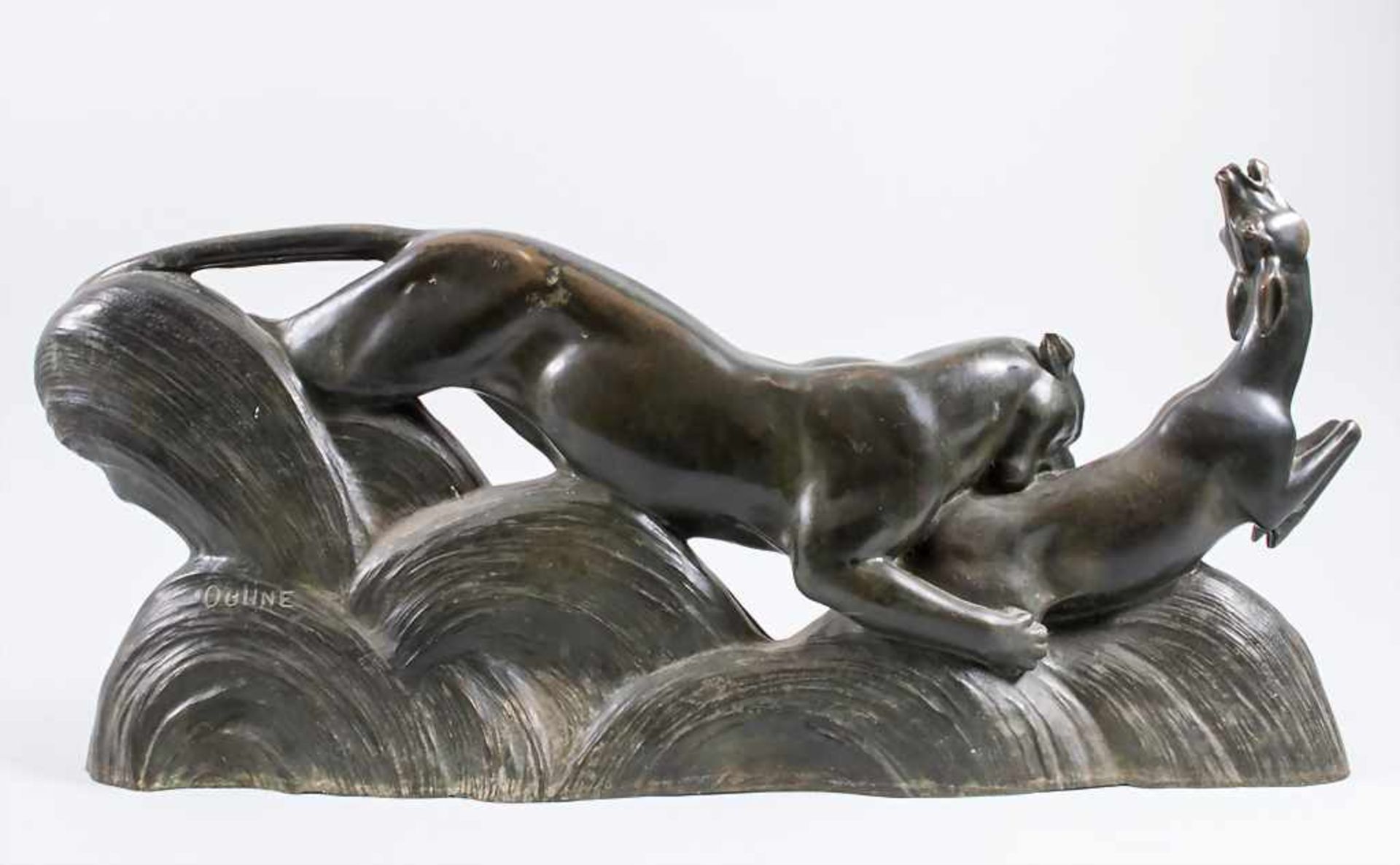 Art Deco-Figurengruppe,'Panther reißt Antilope' / 'A panther with an antelope', Alexander Ouline, um - Bild 2 aus 8