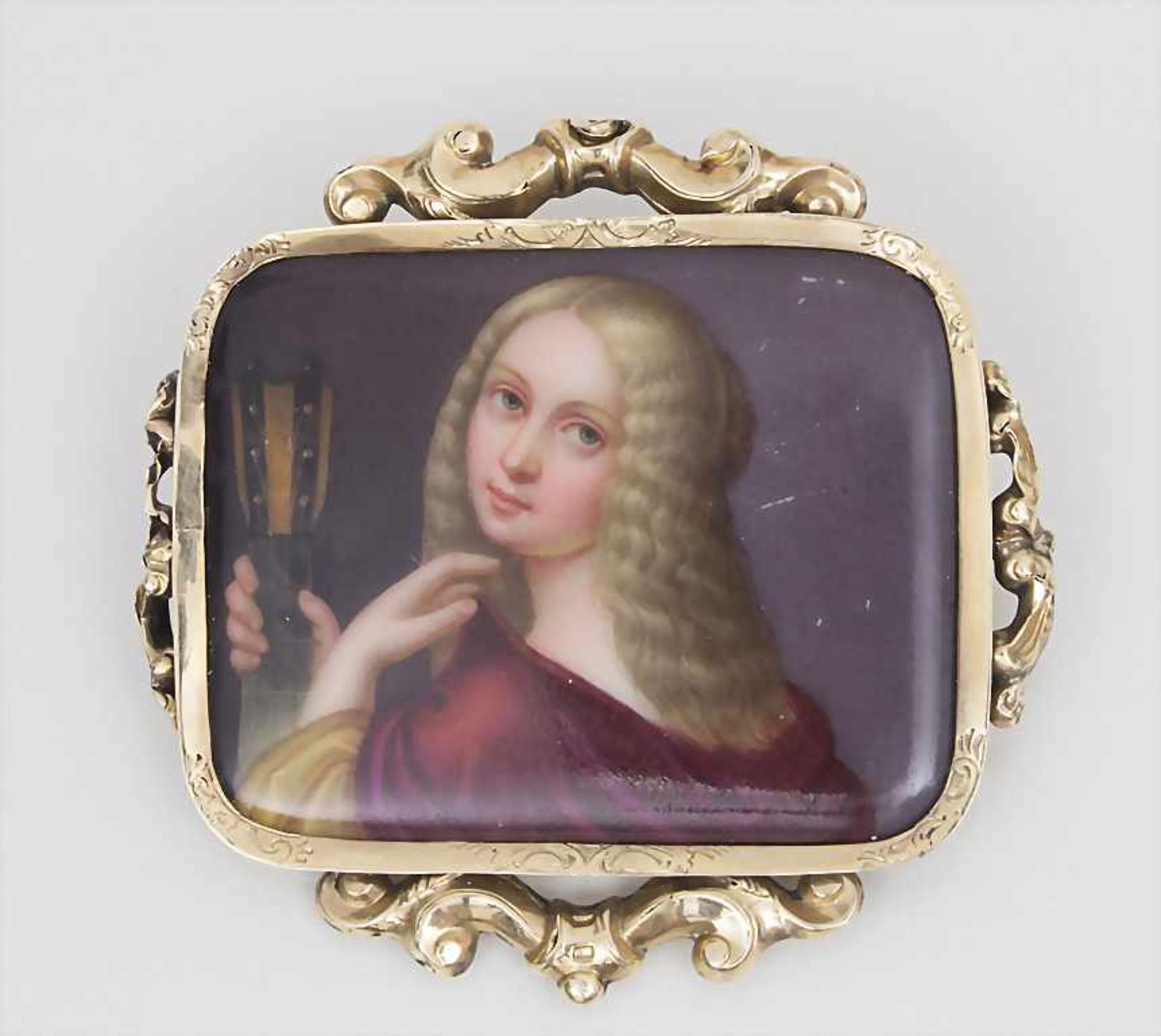 Brosche Miniatur Portrait einer jungen Frau mit Laute / A brooch with the miniature portrait of a