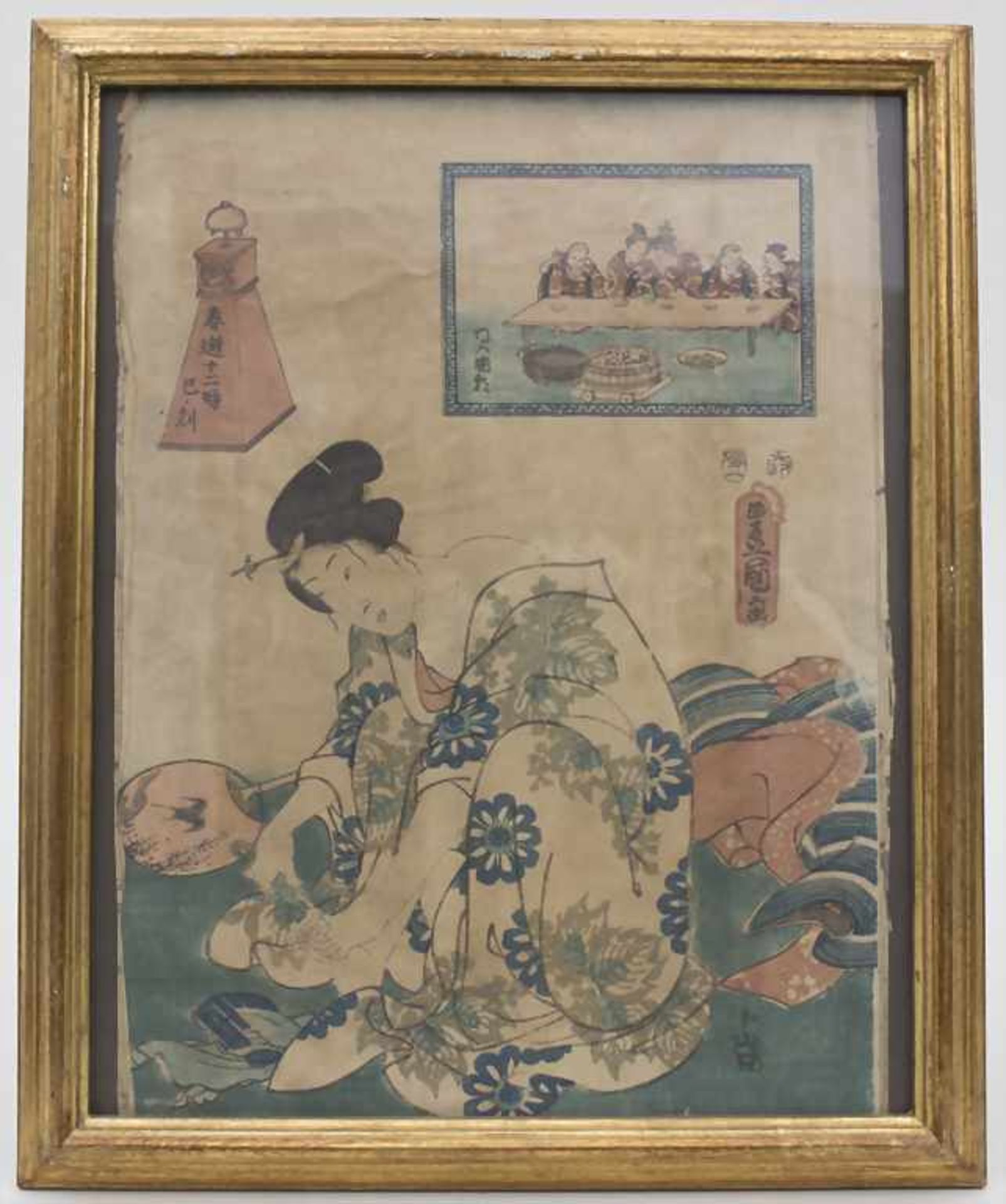 Japanischer Farbholzschnitt 'Geisha bei der Fußpflege' / A japanese woodcut 'Geisha doing pedicure' - Bild 2 aus 7