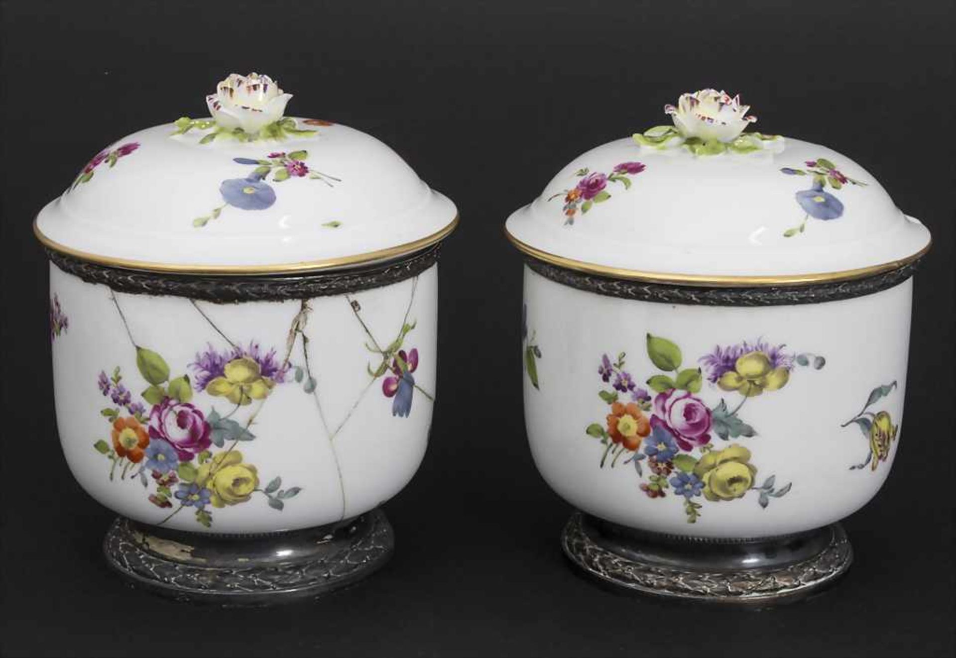 Paar Deckelgefäße mit Silbermontur / A pair of lidded bowls with silver mounts, wohl Frankreich,