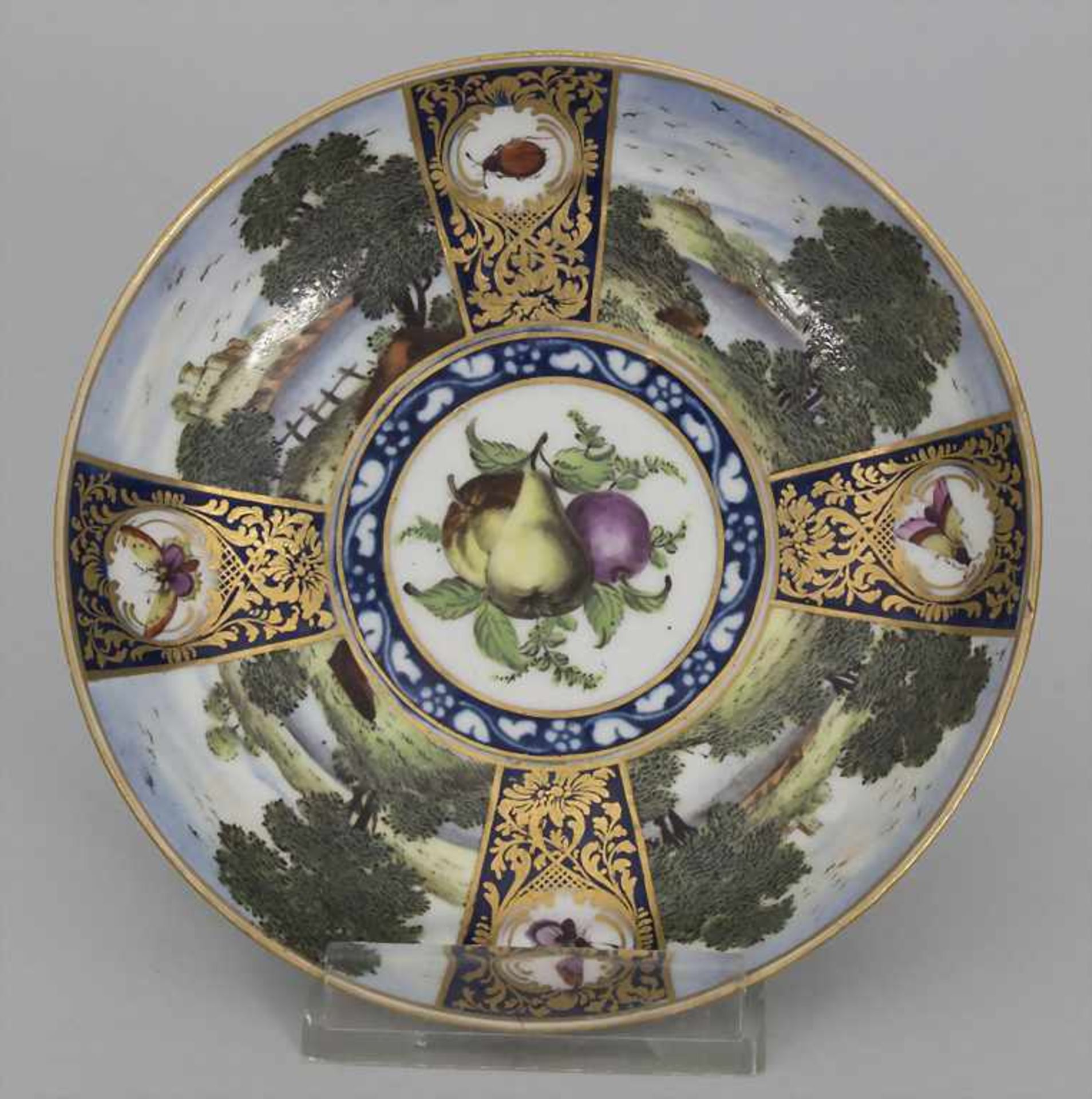 Frühe Unterschale / An early first period dish with landscapes and fruits, Worcester, um 1755-