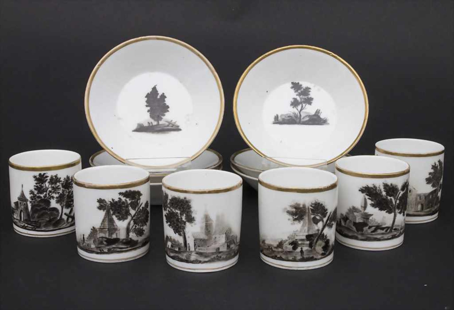 6 Empire Tassen und Untertassen mit Landschaften / 6 Empire cups and saucers with landscapes, Paris,