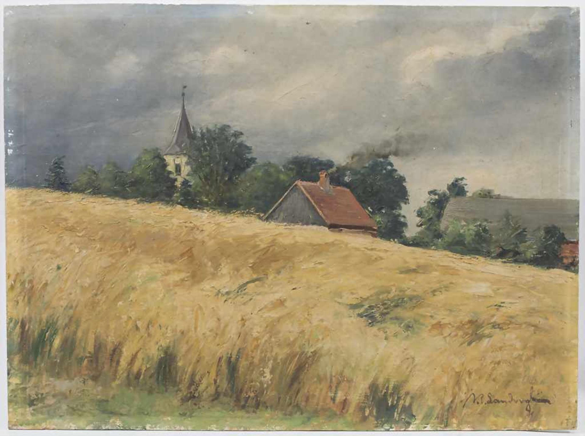 J.P. Landvogt (tätig um 1900), 'Kornfeld mit Kirchturm und Gehöft' / 'A cornfield with steeple and