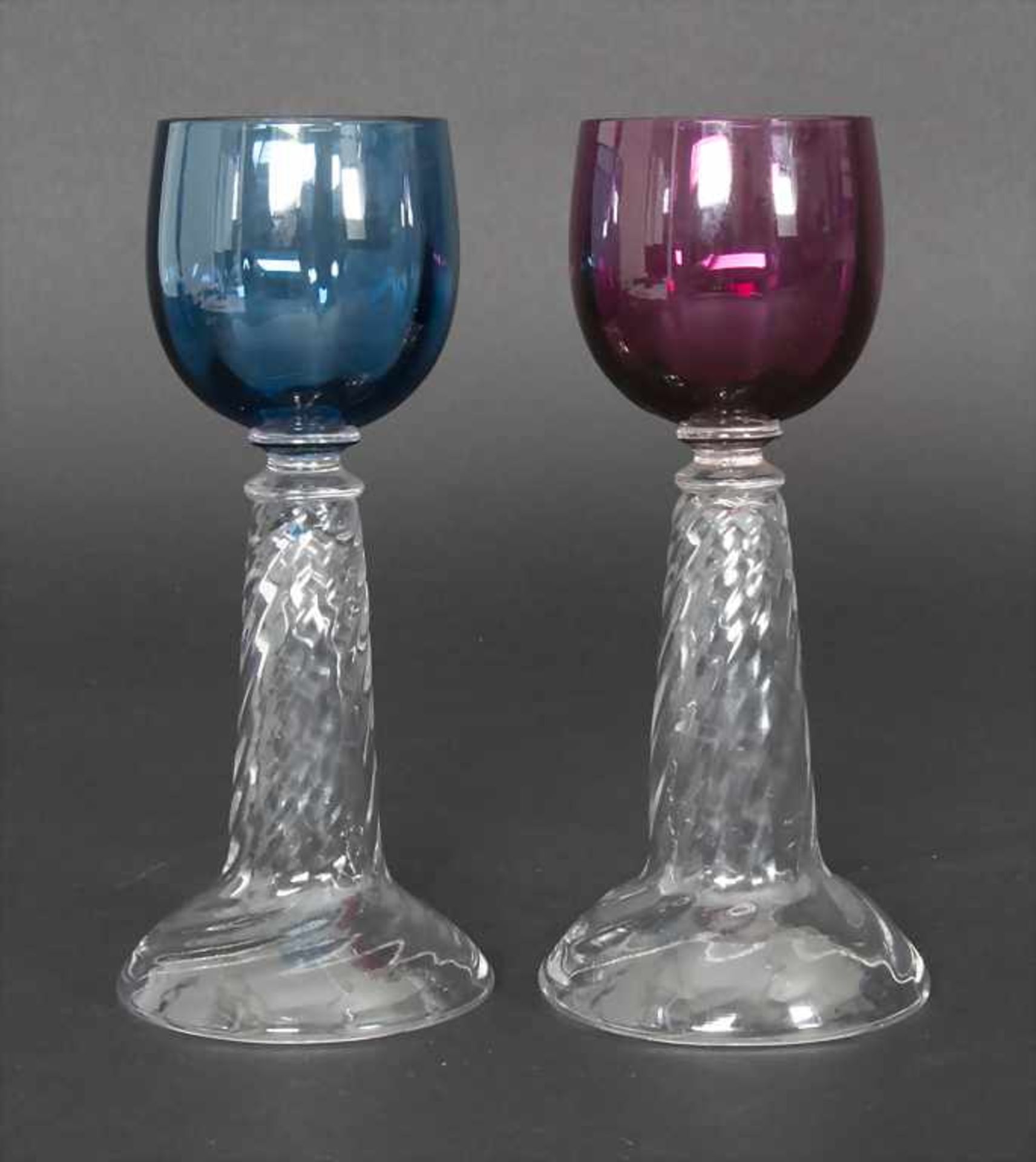 Paar Römer mit farbiger Kuppa / A pair of wine rummers with colored bowls, 1. Hälfte 20. Jh.