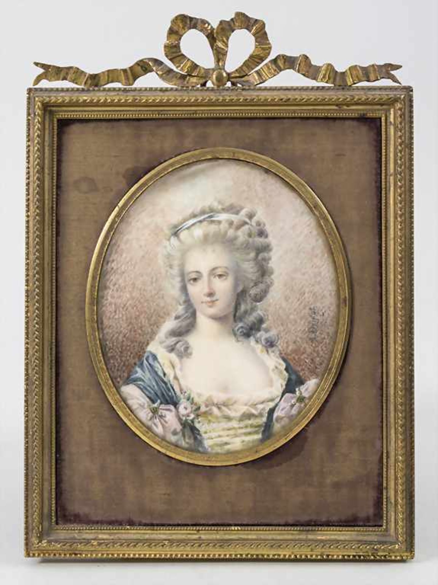 Louis Seize Miniatur Porträt einer jungen Dame / A miniature portrait of a young lady, S. Drinot,